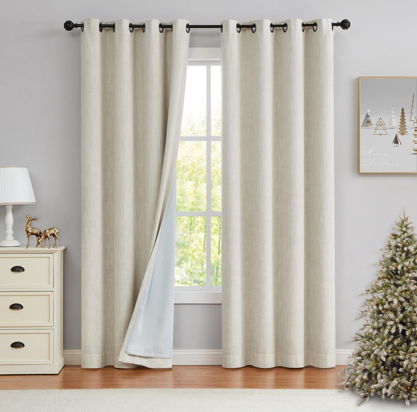 Central Park Beige Solid Full Blackout Curtain Heavy Linen Texture Window