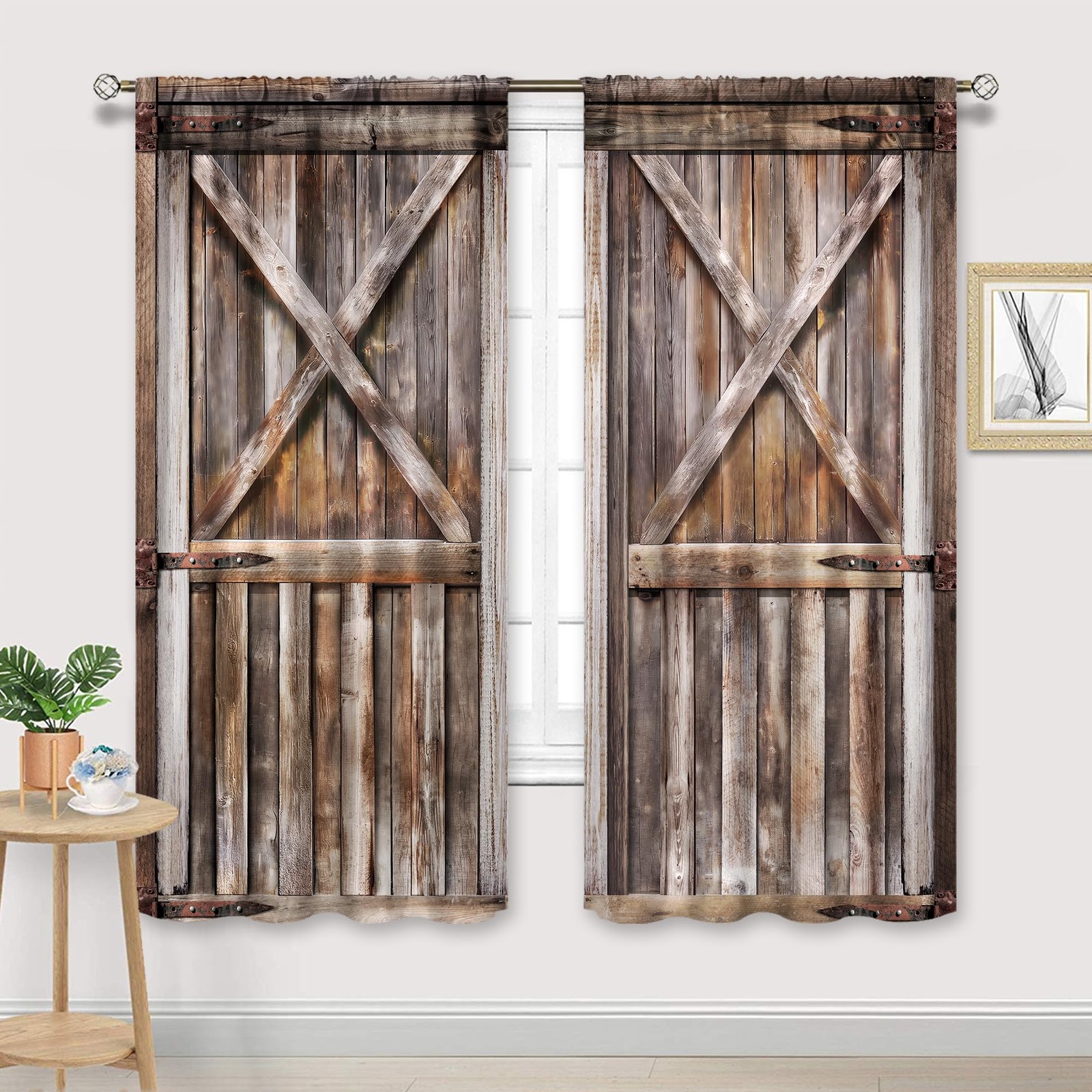 Rustic Barn Door Curtains Brown Wooden Rod Pocket Farmhouse Garage Gate Vinta…