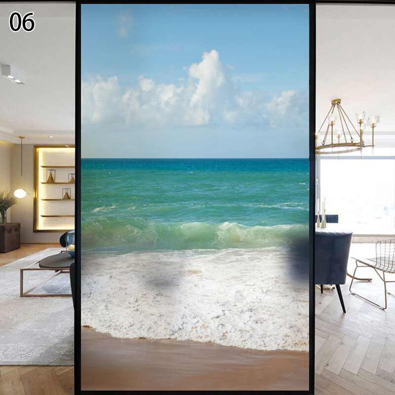 Wave Beach Static Privacy Frosted Stained Window Film Flower Glass Sticker Decor
