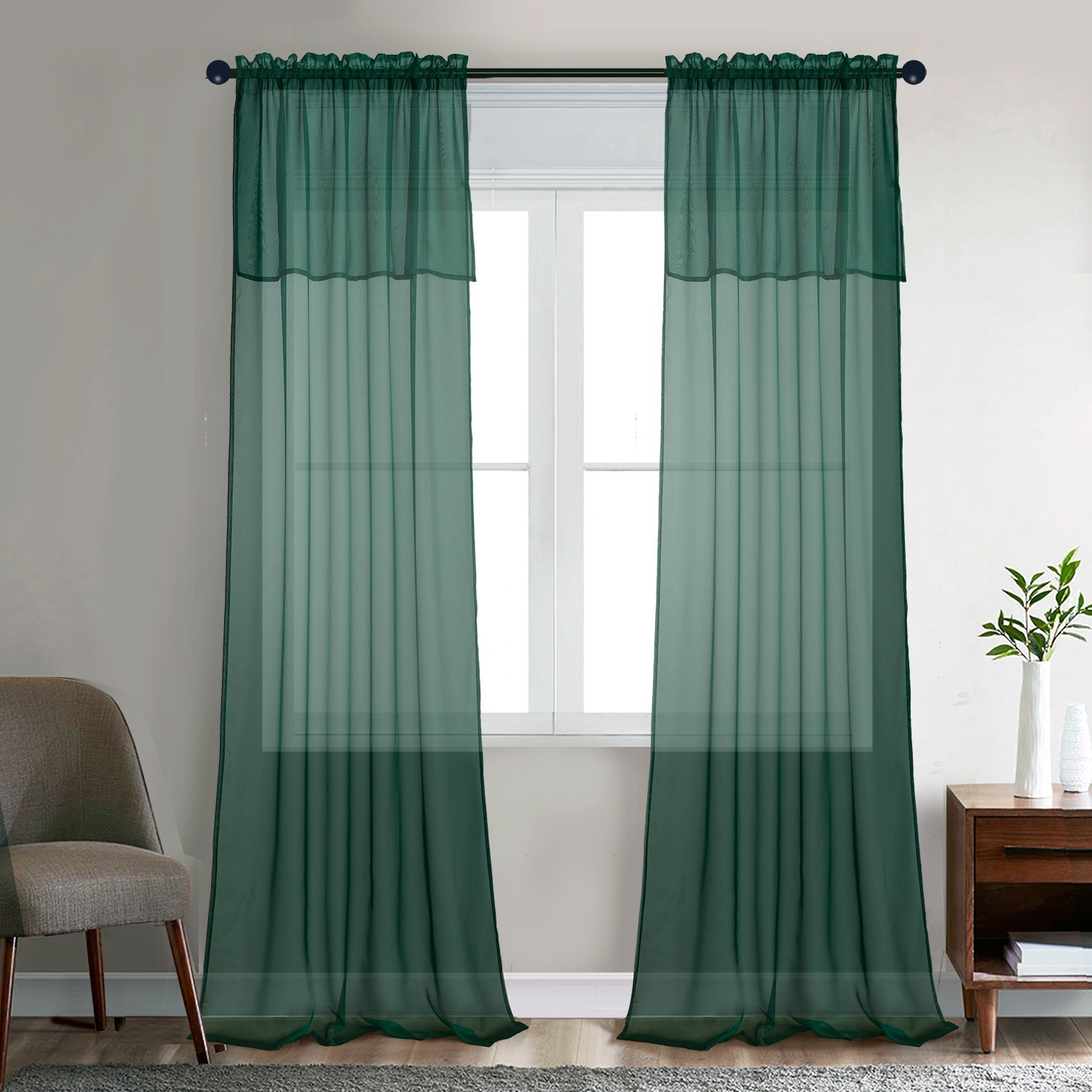 2 Panels Basic Rod Pocket Sheer Curtains with Attached Valance, Voile Drapes
