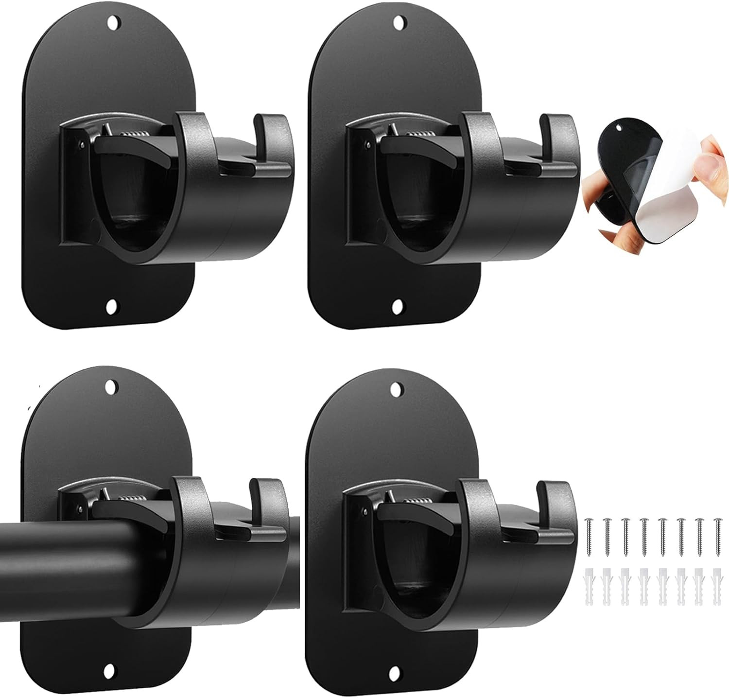 No Drill Curtain Rod Holder Hangers – Self Adhesive 4PCS Black