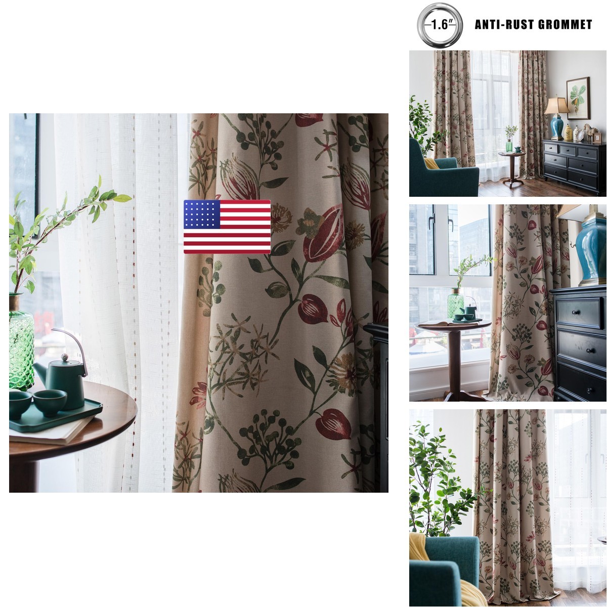 SUOUO Red Floral Curtains 84 inches Long Light Filtering Grommet 2 Panels
