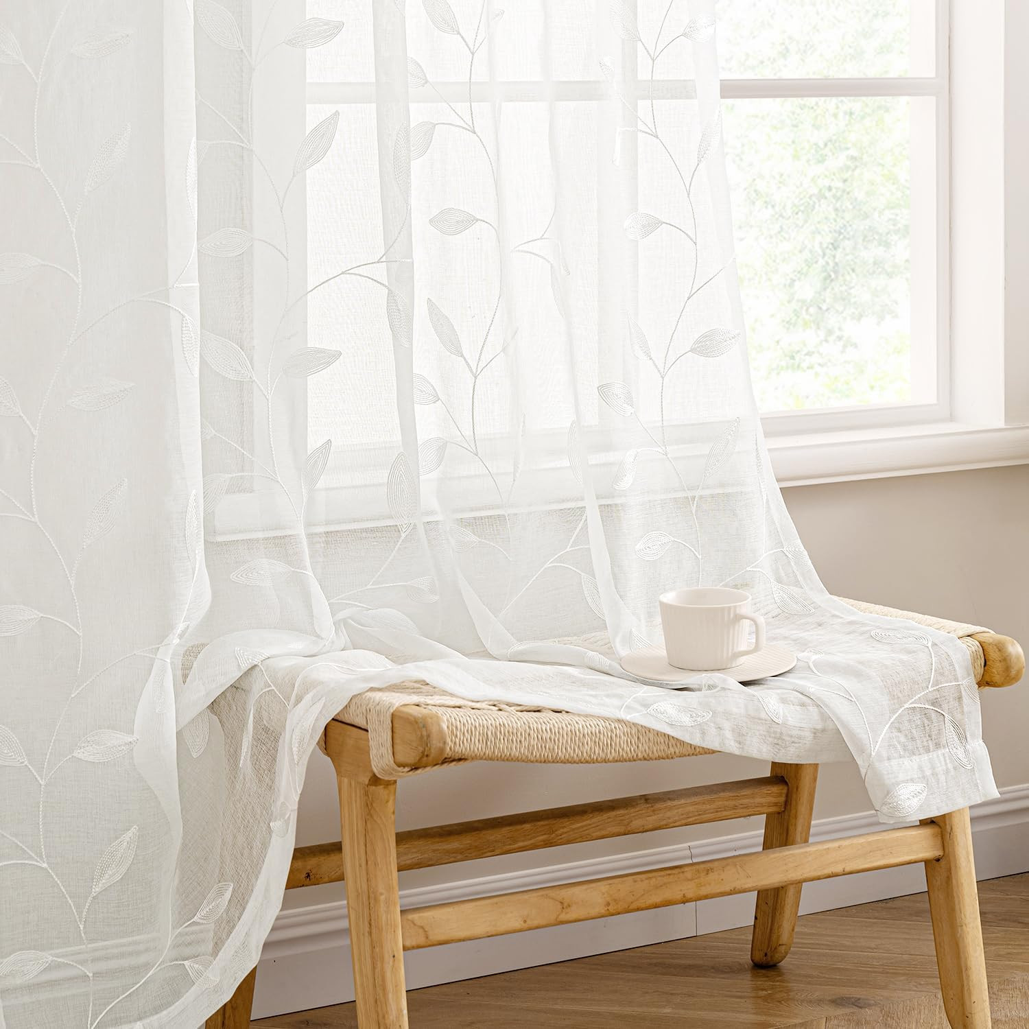 MIULEE Ivory Sheer Kitchen Curtains 30×36 Inches Length 2 Panels Embroidered Lea