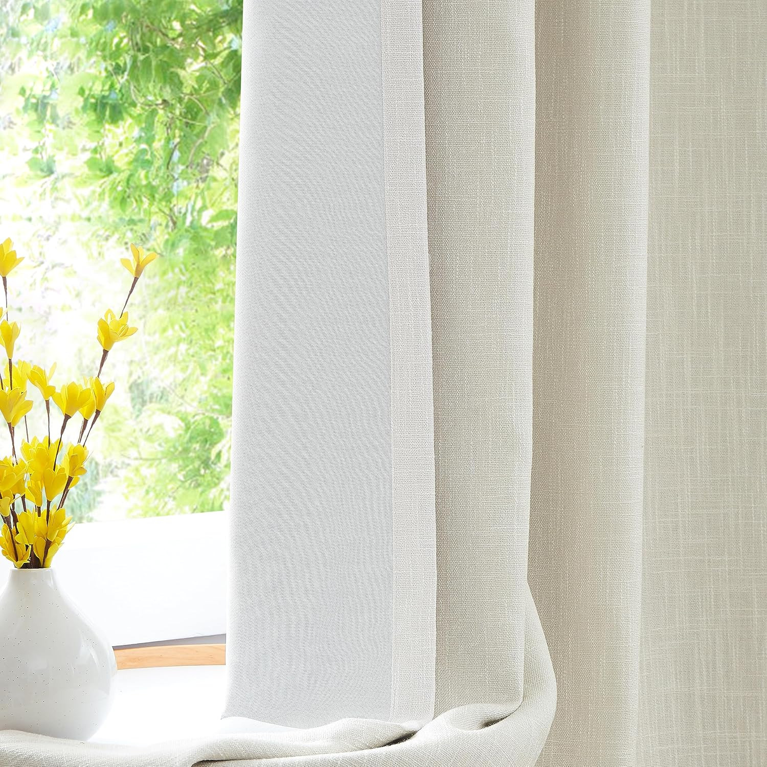 Beige Solid Full Blackout Curtain Heavy Linen Texture Window Treatment for Bedro