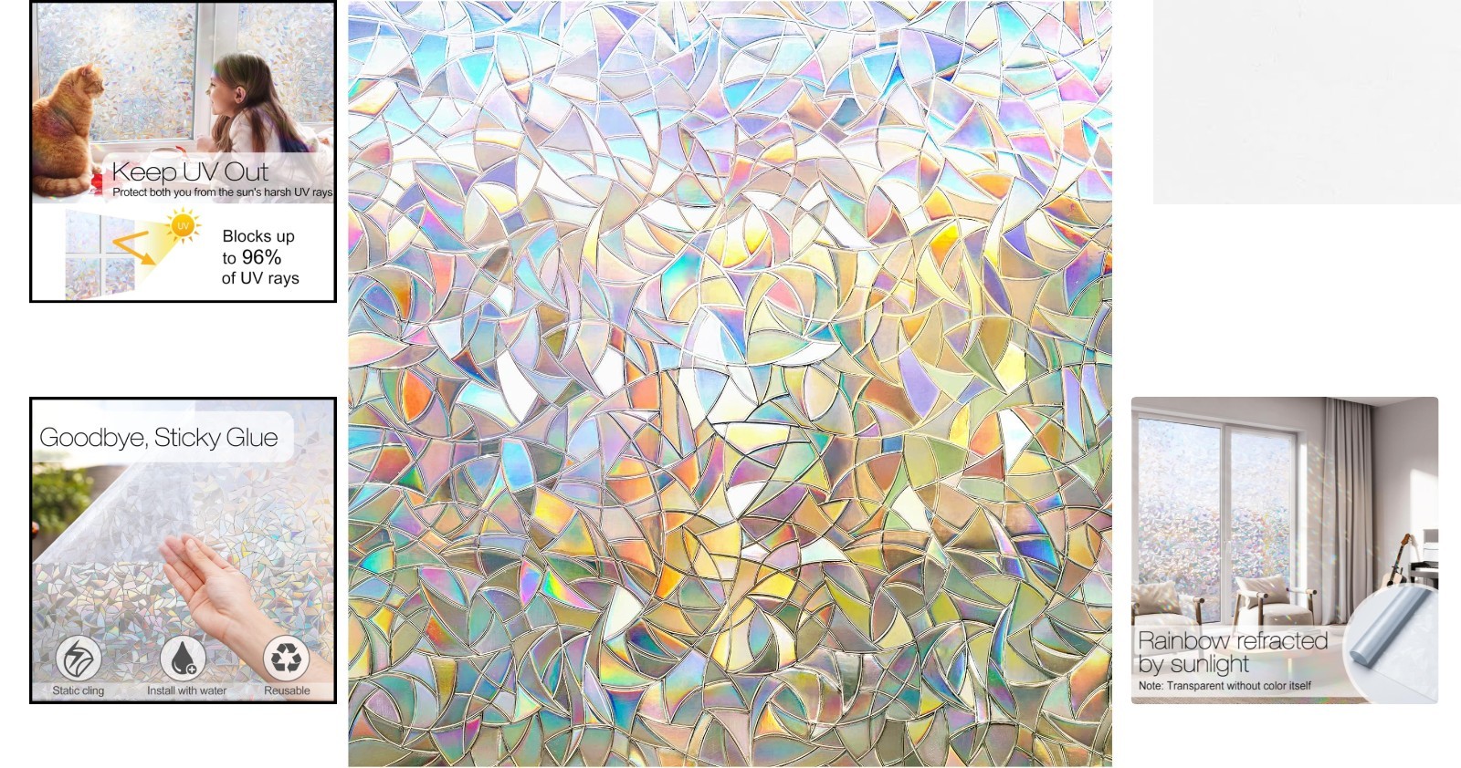 Non-Adhesive 3D Rainbow Window Film, UV Protection, Easy Install, 17.5 x 78.7