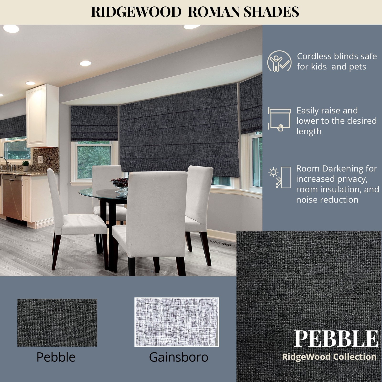 Cordless Roman Shade Blackout Lexington Pebble 23″W X 72″H