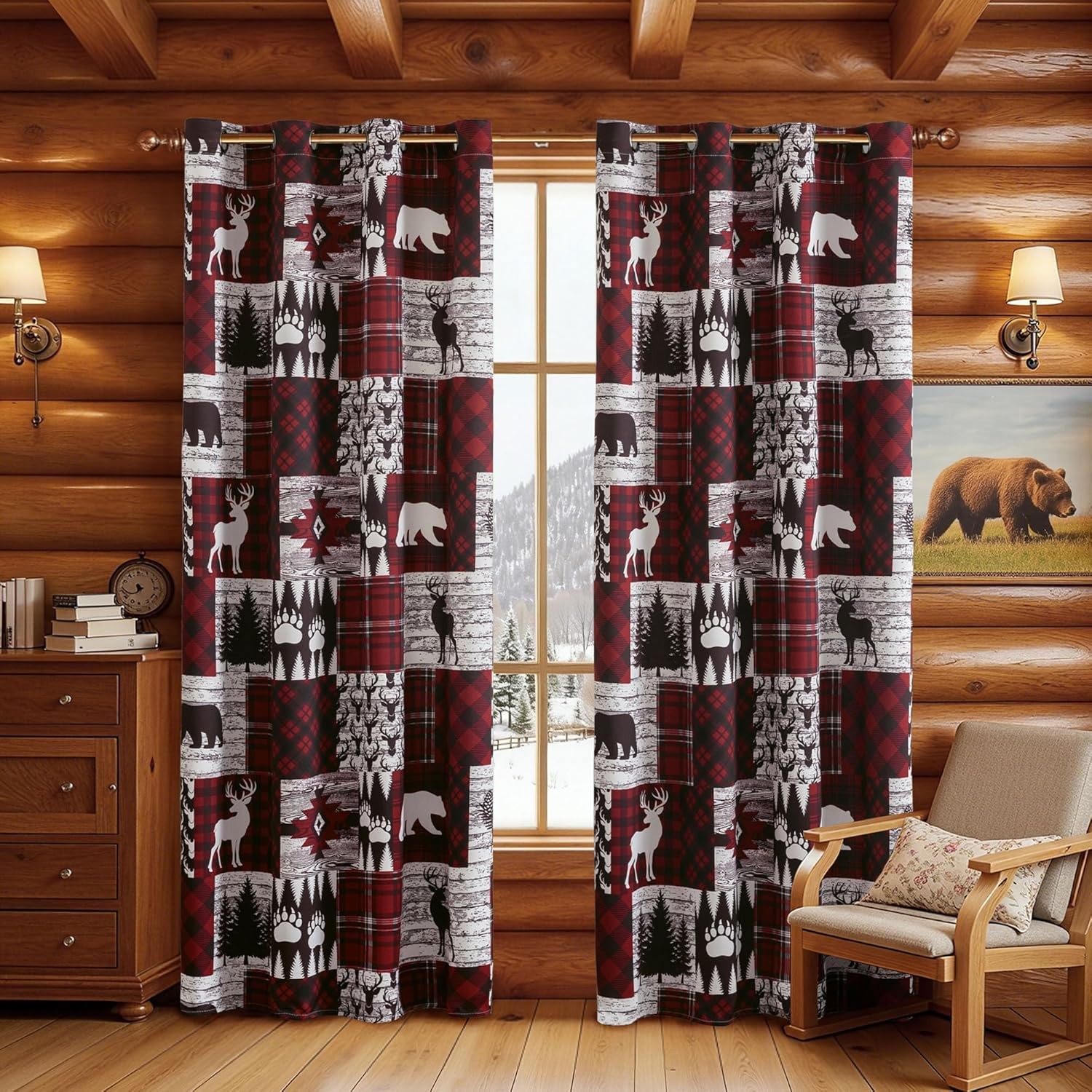 Red Rustic Cabin Curtains 2 Panels Country Style Curtain 50% Light Blocking