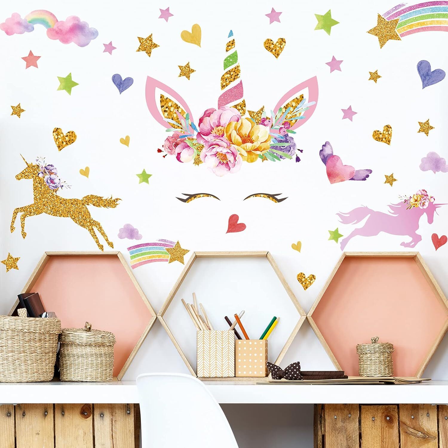 Outus 4 Sheets Unicorn Wall Decals Peel and Stick Watercolor Multicolor