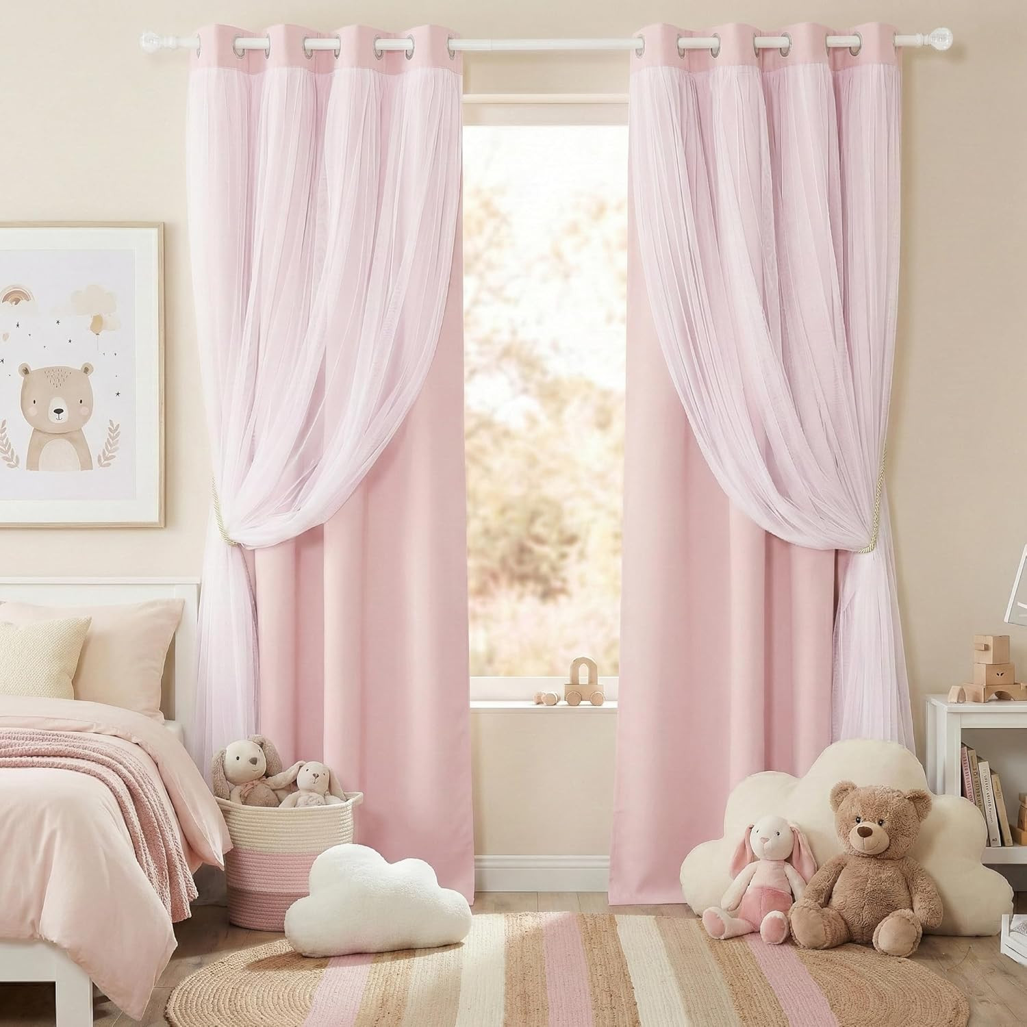 Pink Blackout Curtains with White Sheer Overlay 72 Inches Length 2 Panels Set…