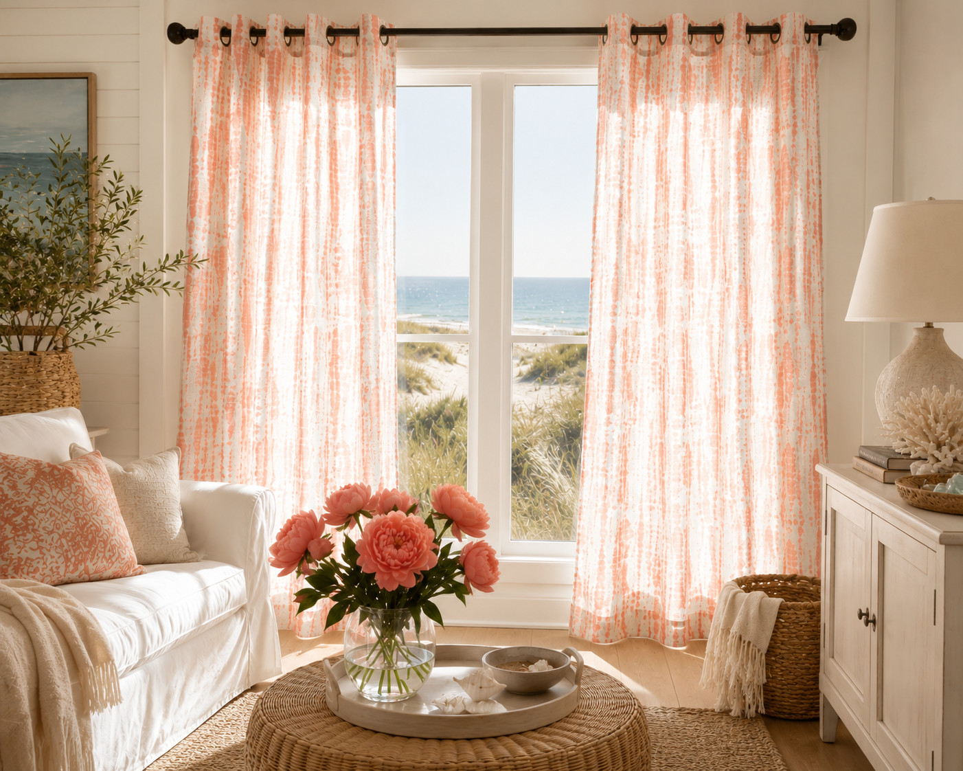 GAP Home Organic Cotton Window Curtain Pair 48×84 Coral Ikat Grommet NEW