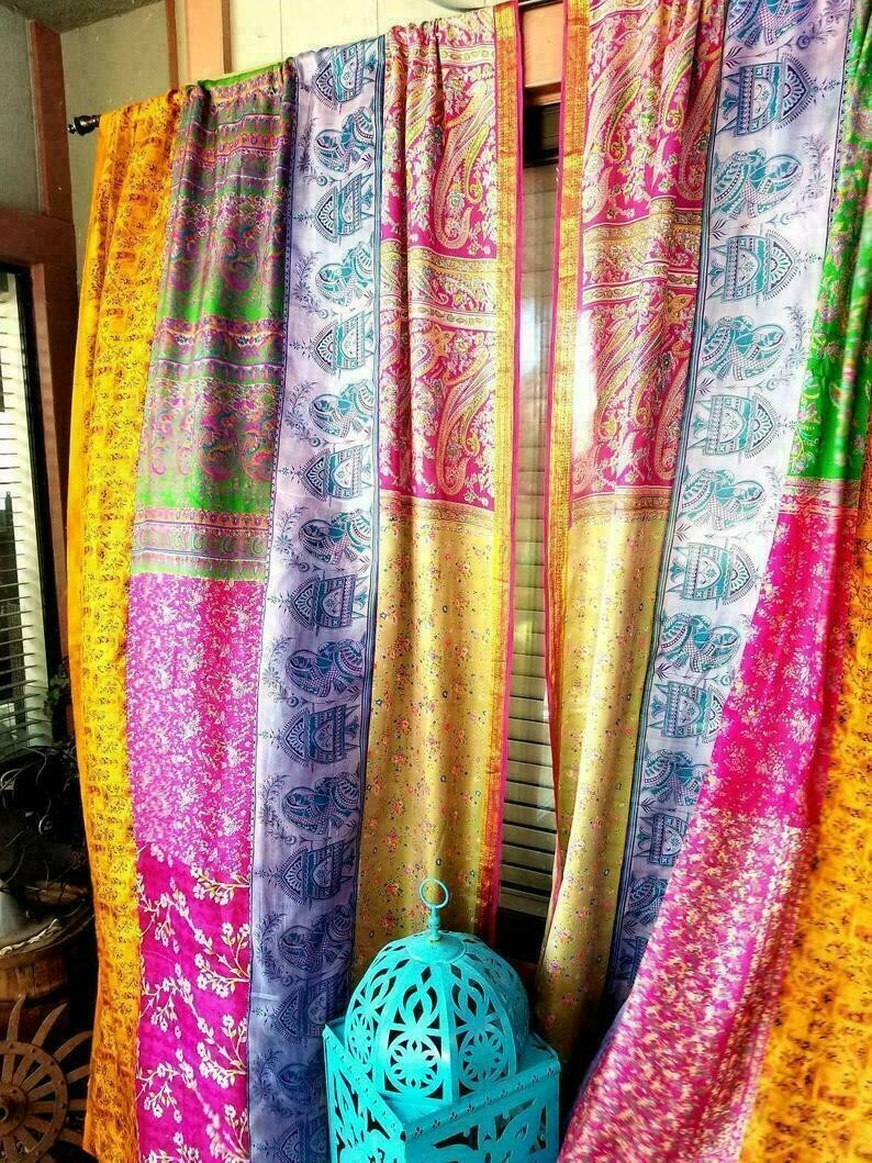 2 Pcs Indian Sari Patchwork Curtain Drape Window Decor Multi Silk Sari Curtain