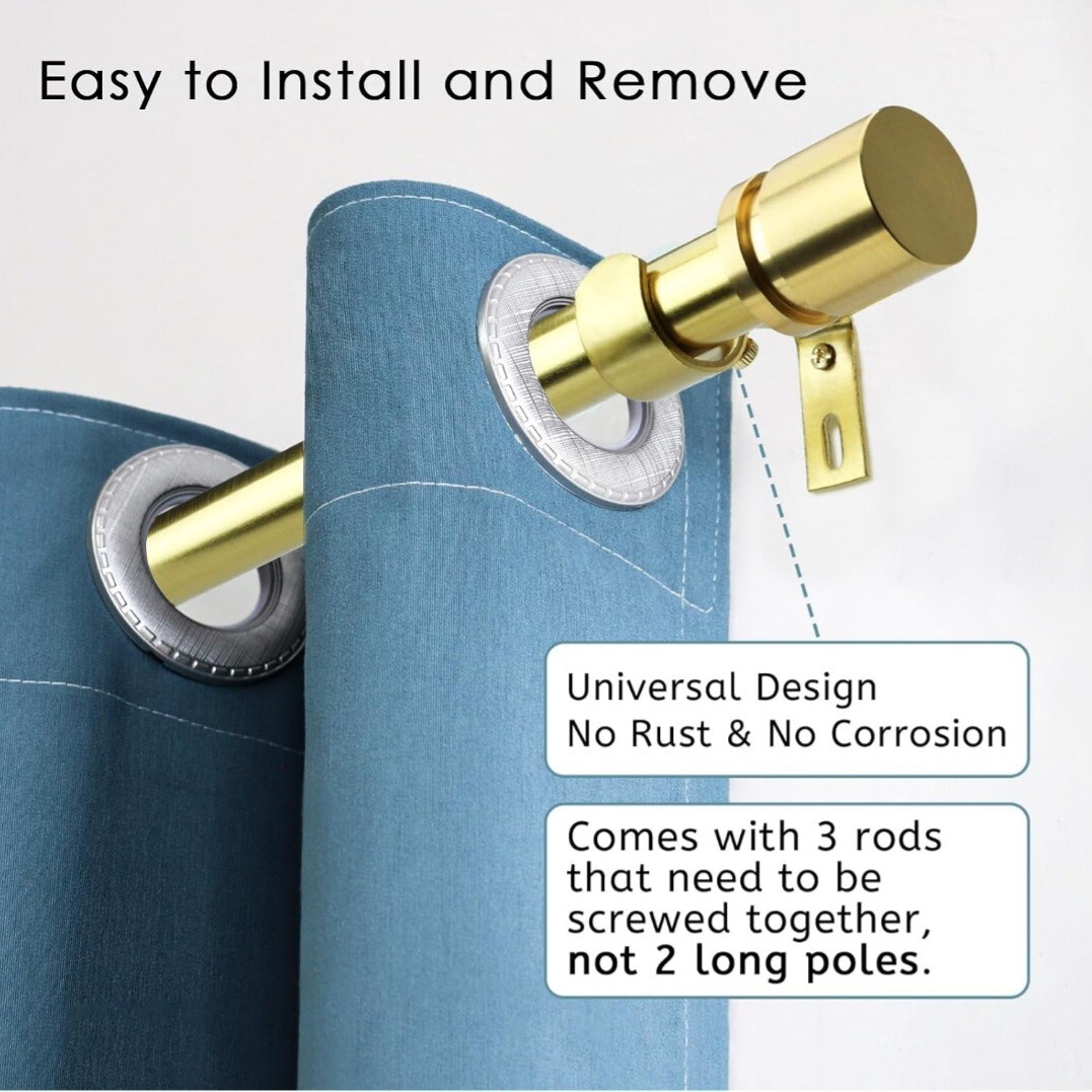 Byondeth Curtain Rods for Windows 16 to 48 Inches Adjustable Length 1″ Dia. Gold