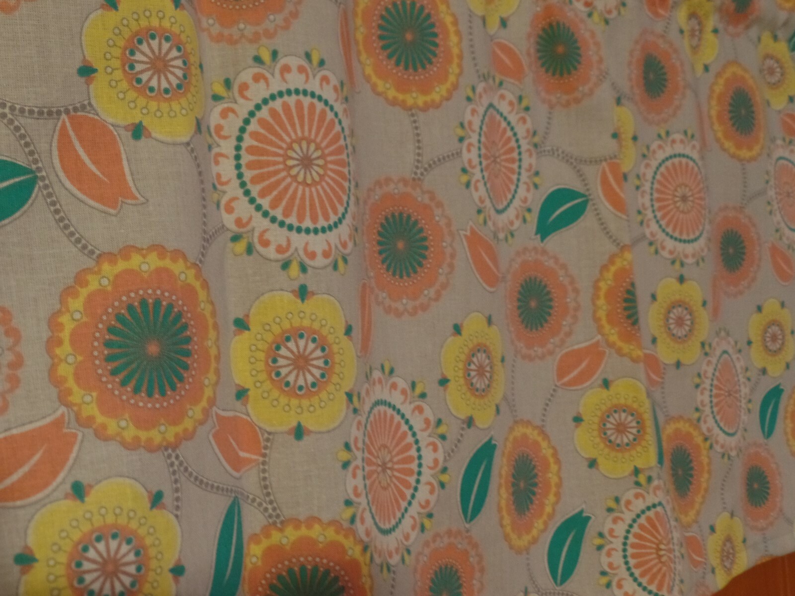 Gray With Fancy Round Flowers, Coral, Teal Grn, Yellow, Handmade Window VALANCE