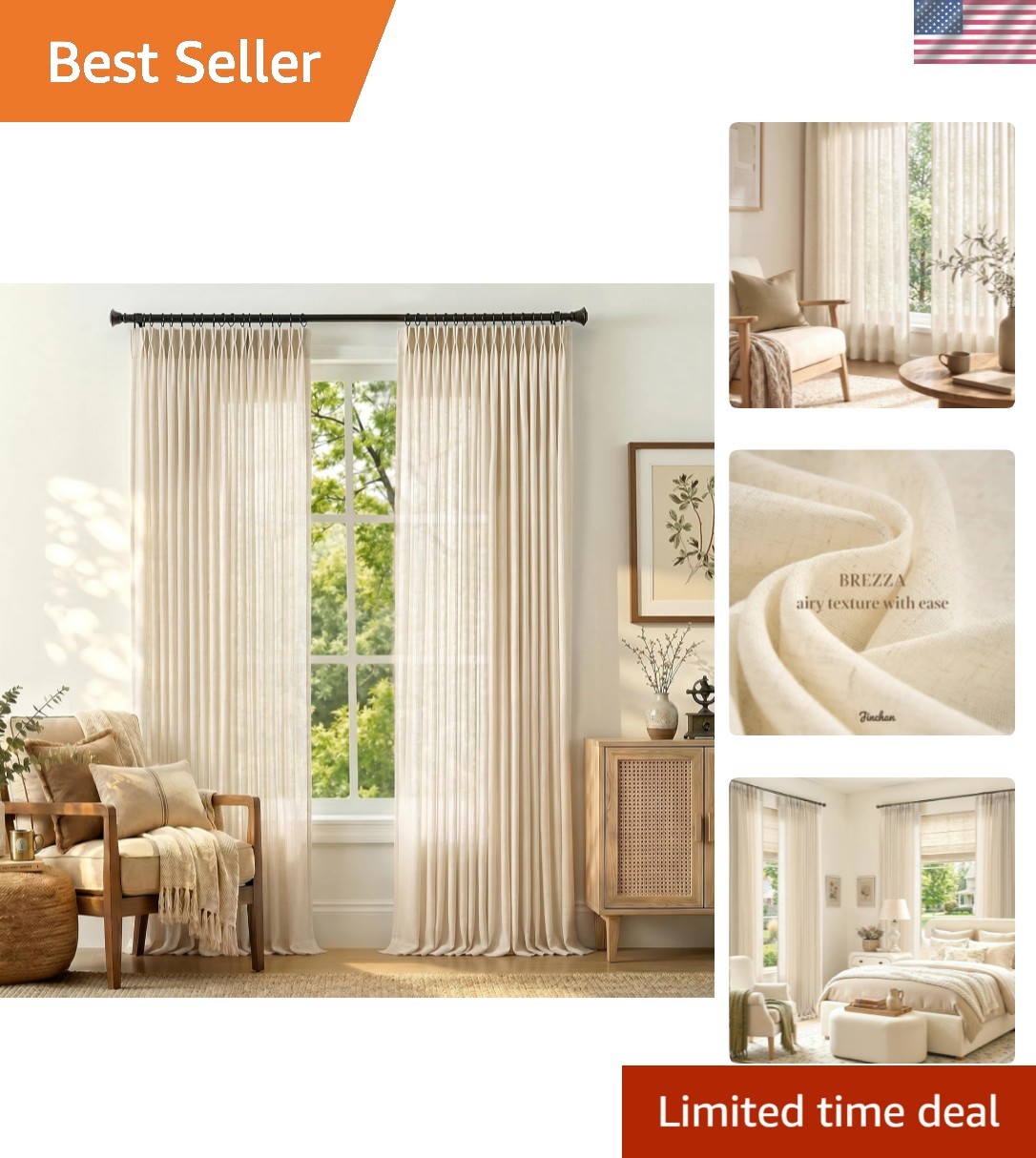 Pinch Pleated Linen Curtains 96 Inches Long for Living Room Light Filtering B…