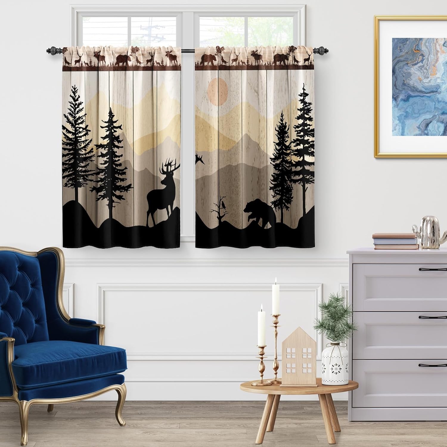 Forest Animal Cabin Kitchen Curtains Sunset Country Bear Deer Nature Printed