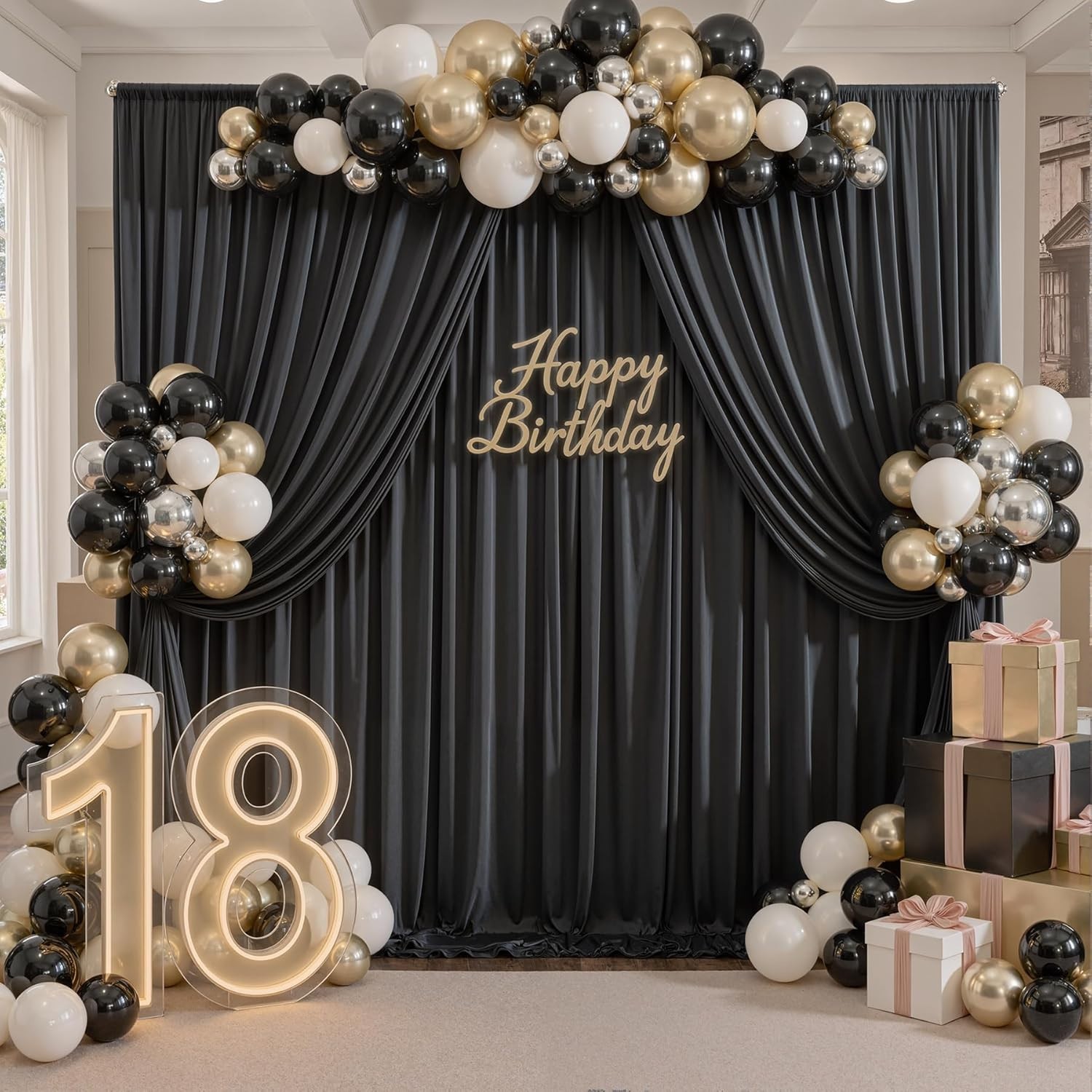 30ft x 10ft Black Backdrop Curtain – 6 Panels Polyester Drapes for Events