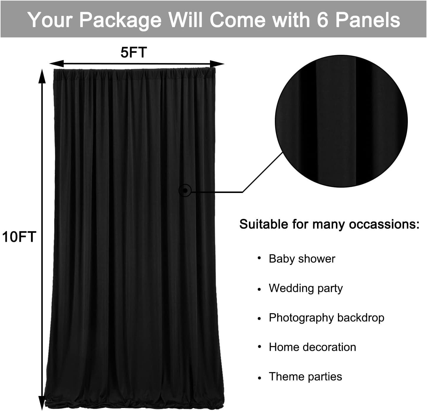 30ft x 10ft Black Backdrop Curtain – 6 Panels Polyester Drapes for Events