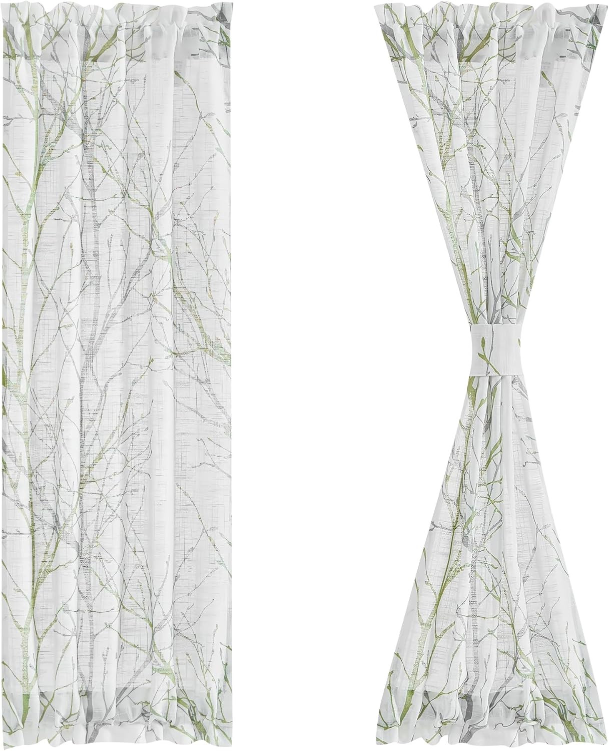 Sheer Sidelight French Door Curtains 40 Inches White, Grey and Sage Green Branch