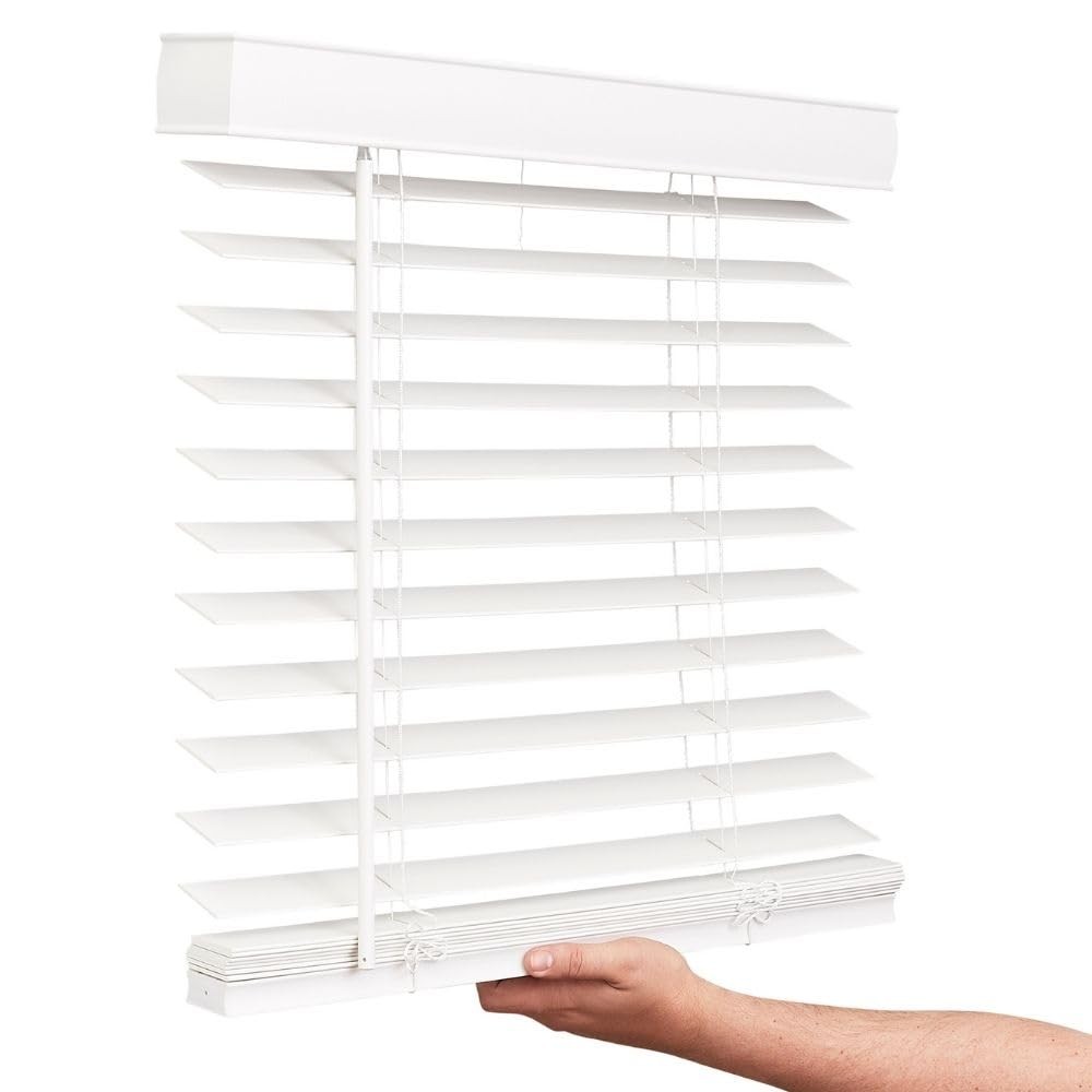 Cordless Faux Wood Blinds, 34″ Wide x 60″ Long, Smooth, Snow White, 2 Inch Ho…