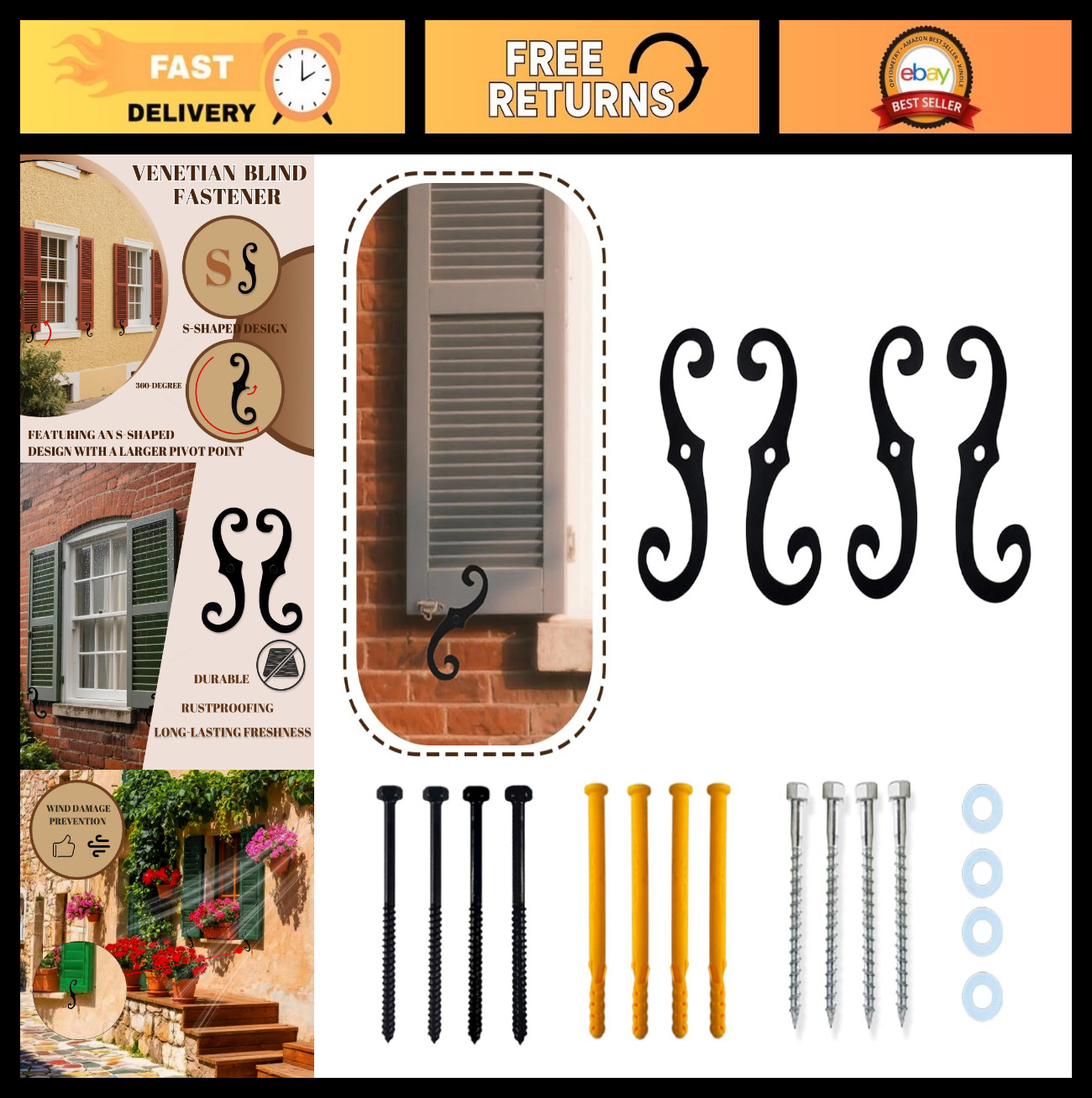 4 Pcs Black S Shaped Shutter Fasteners, 6.5″ Decorative Hardware for Outdoor Shu