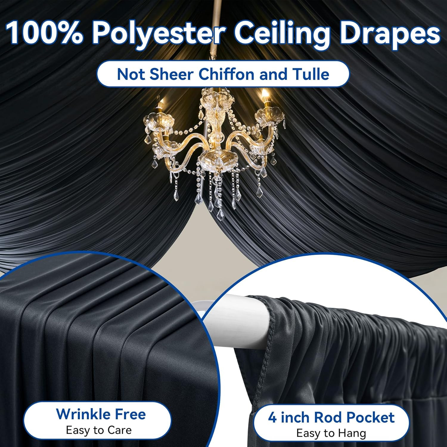 10ft x 20ft Black Ceiling Drapes for Weddings, Parties & Events – 2 Panels