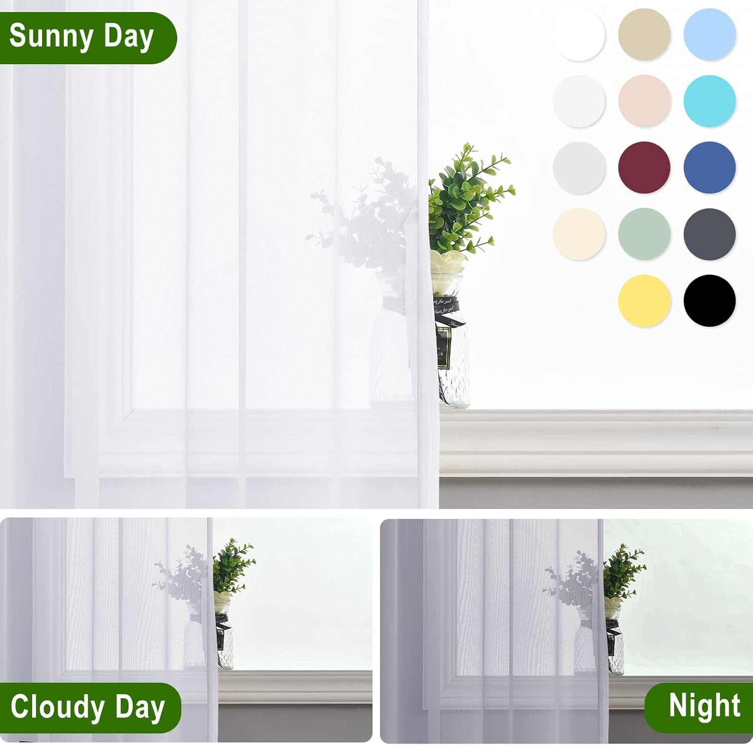 White Sheer Curtains with Tiebacks 2 Panels Lightweight Voile W36 x L72