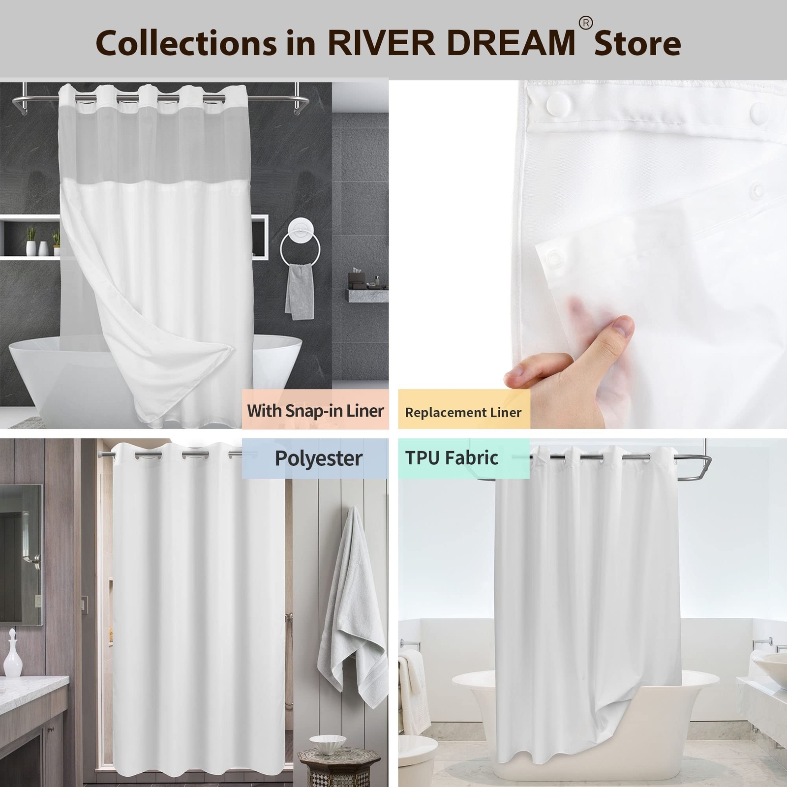 No Hook Slub Textured Shower Curtain with Snap-in PEVA Liner Set – 71″ x 74″(…