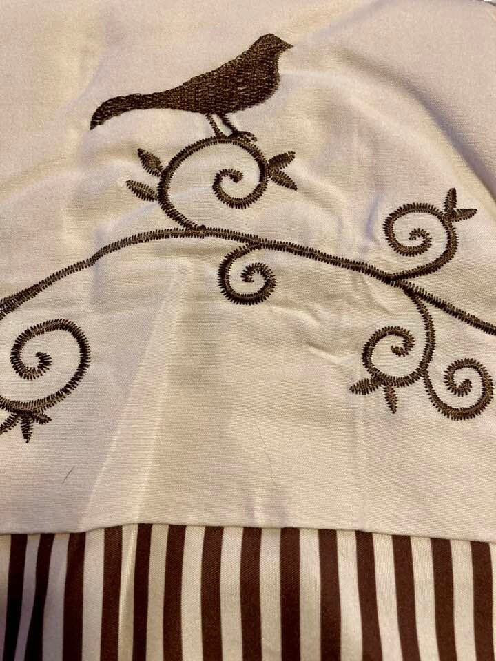 Complete embroidered BIRDS ON A BRANCH KITCHEN WINDOW ENSEMBLE NEW
