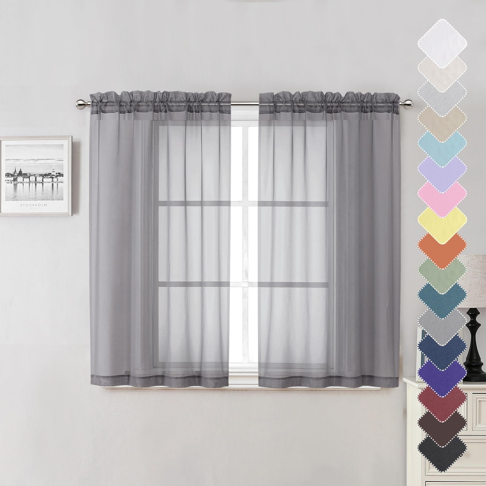 Lecloud Grey Sheer Curtains 45 Inch 40″W x 45″L (Pack of 2), Charcoal