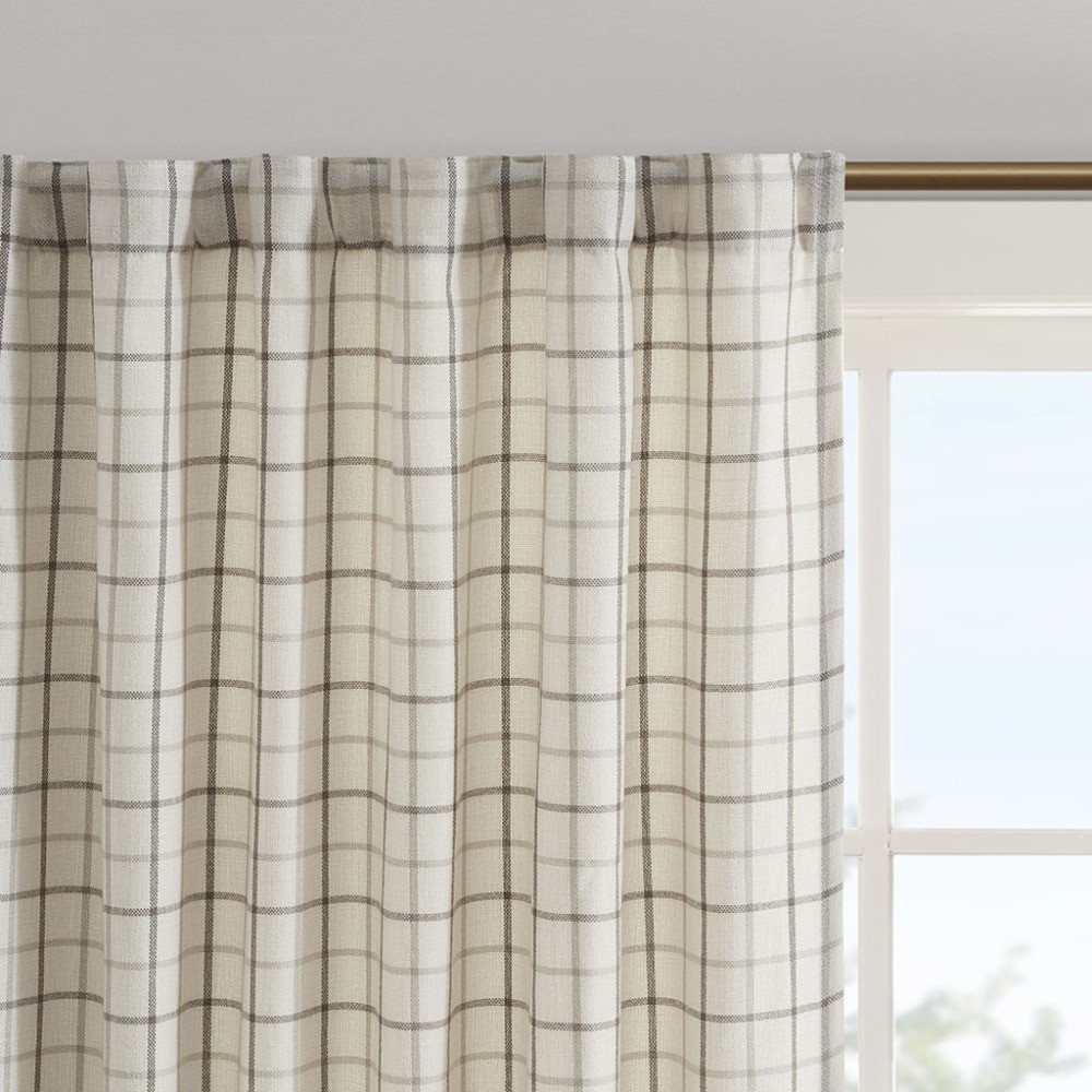 Plaid Rod Pocket and Back Tab Curtain Panel with Fleece Lining Natural 50×95″