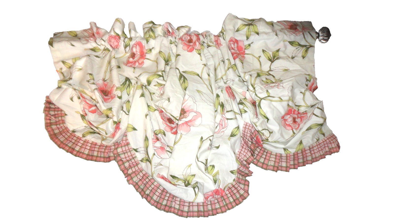 CROSCILL CAROLINA LAFAYETTE FLORAL CORAL GREEN PINK PLAID TUCK VALANCE 82 X 21
