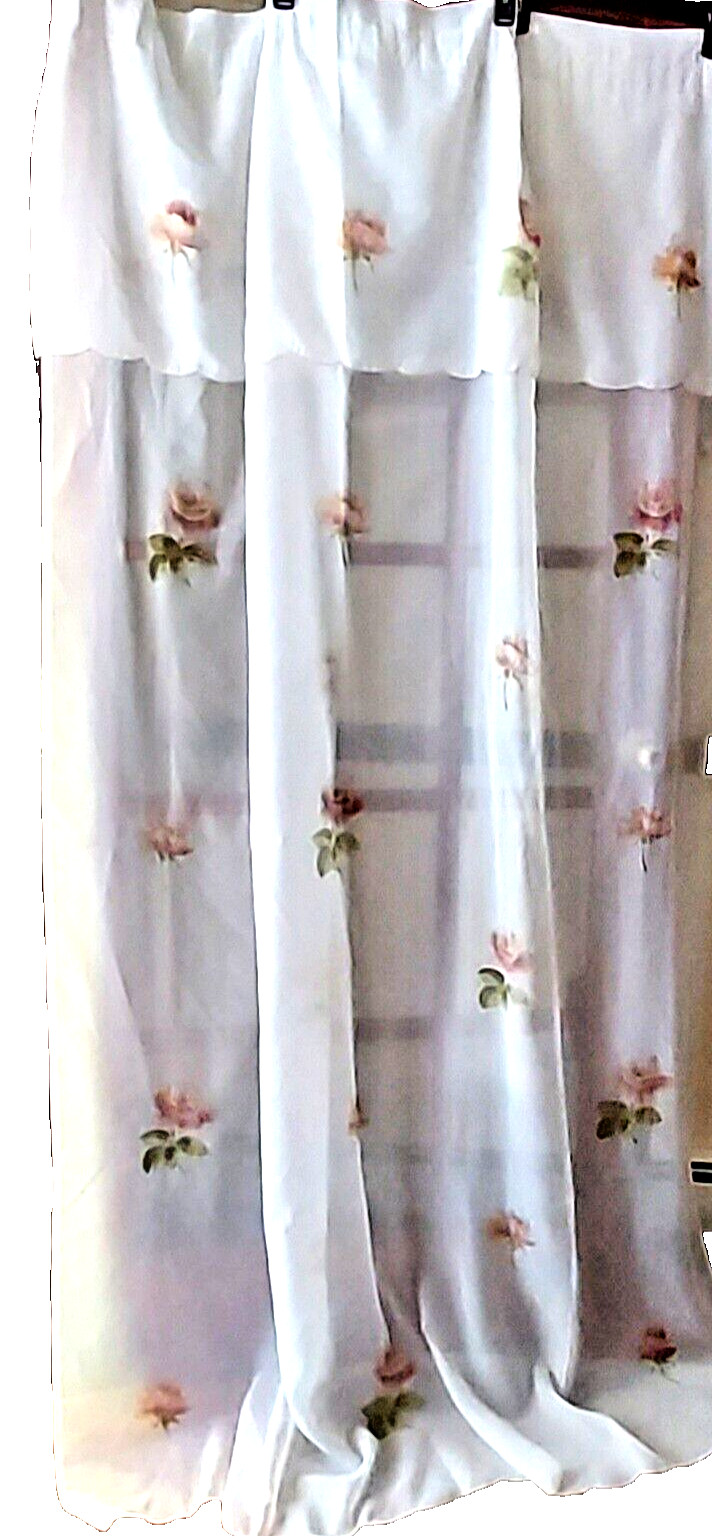 2 Pc Embroidered Sheer Curtain, attached Valance Rod pocket White,Pink flowers