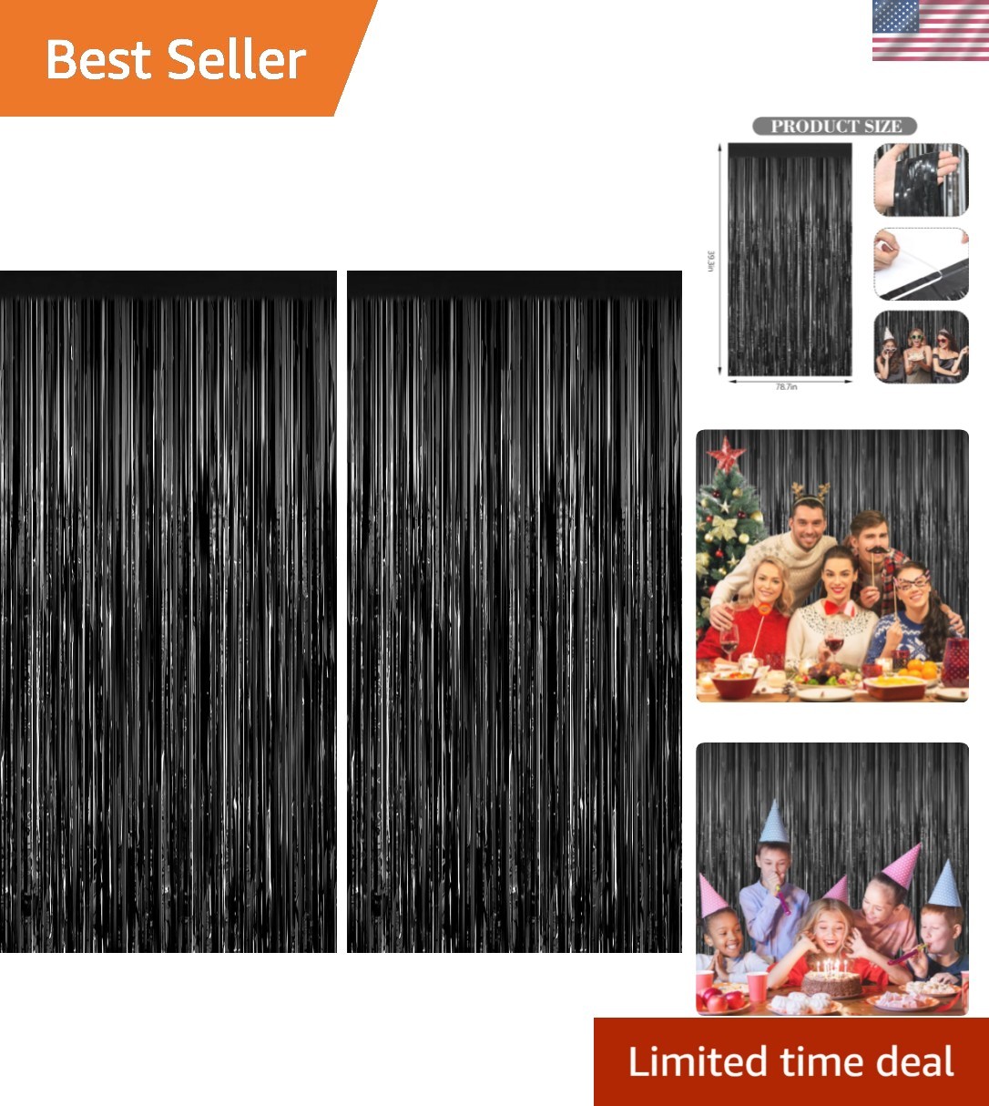 2 Pack Black Foil Fringe Curtains, 3.3ft x 6.6ft Streamer Foil Curtain, Tinse…