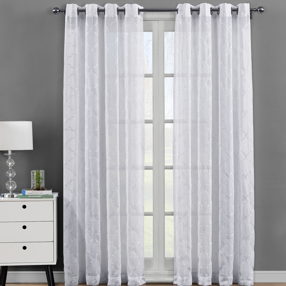 Luxury Miller Embroidered Panels Grommet Top Sheer Window Curtain (Set of 2)