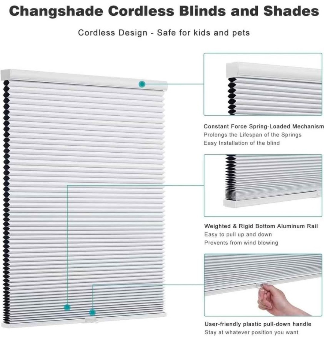 White Cordless Cellular Shade Blackout Honeycomb Pull Down Pleated 19″ W x 36″