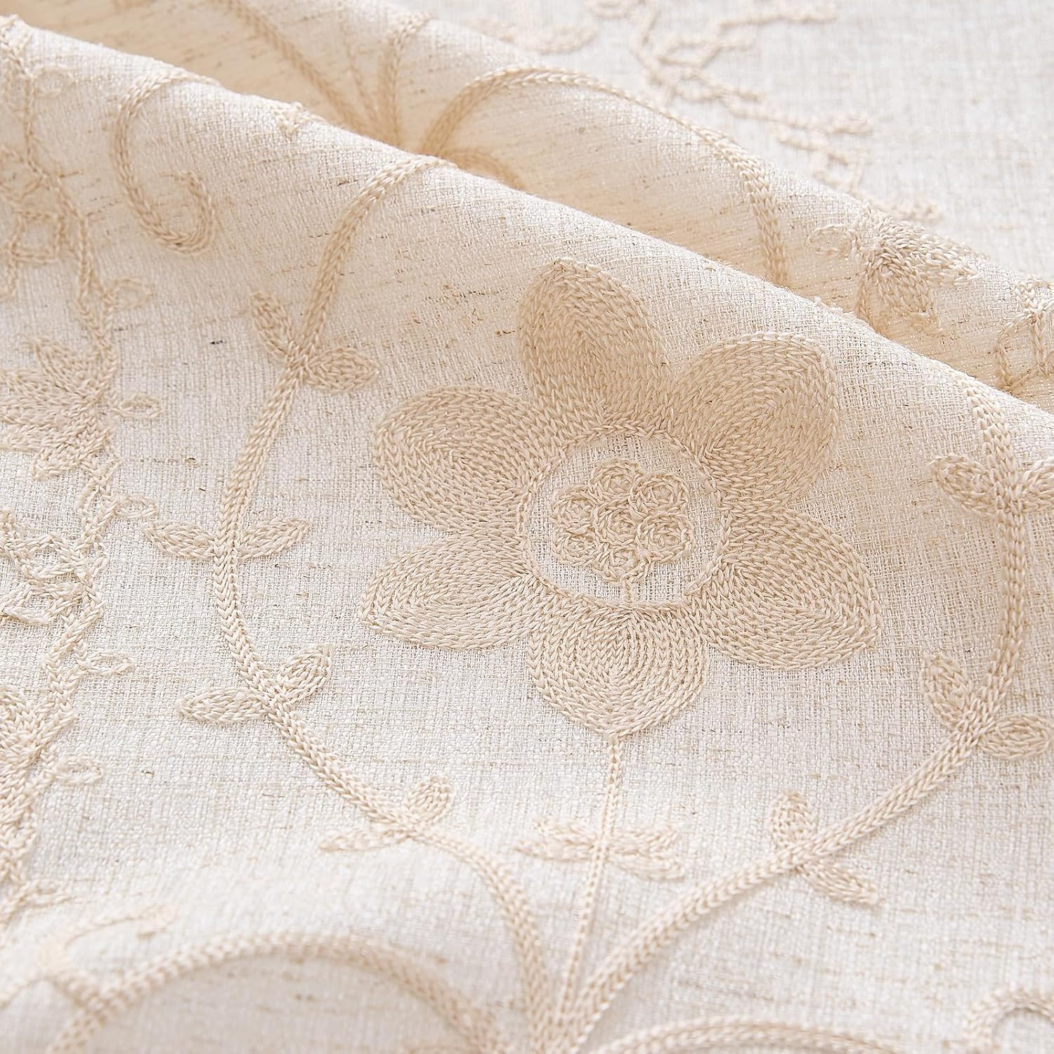 Boho Curtains 2 Panels for Living Room Ivory Vintage Floral Embroidered