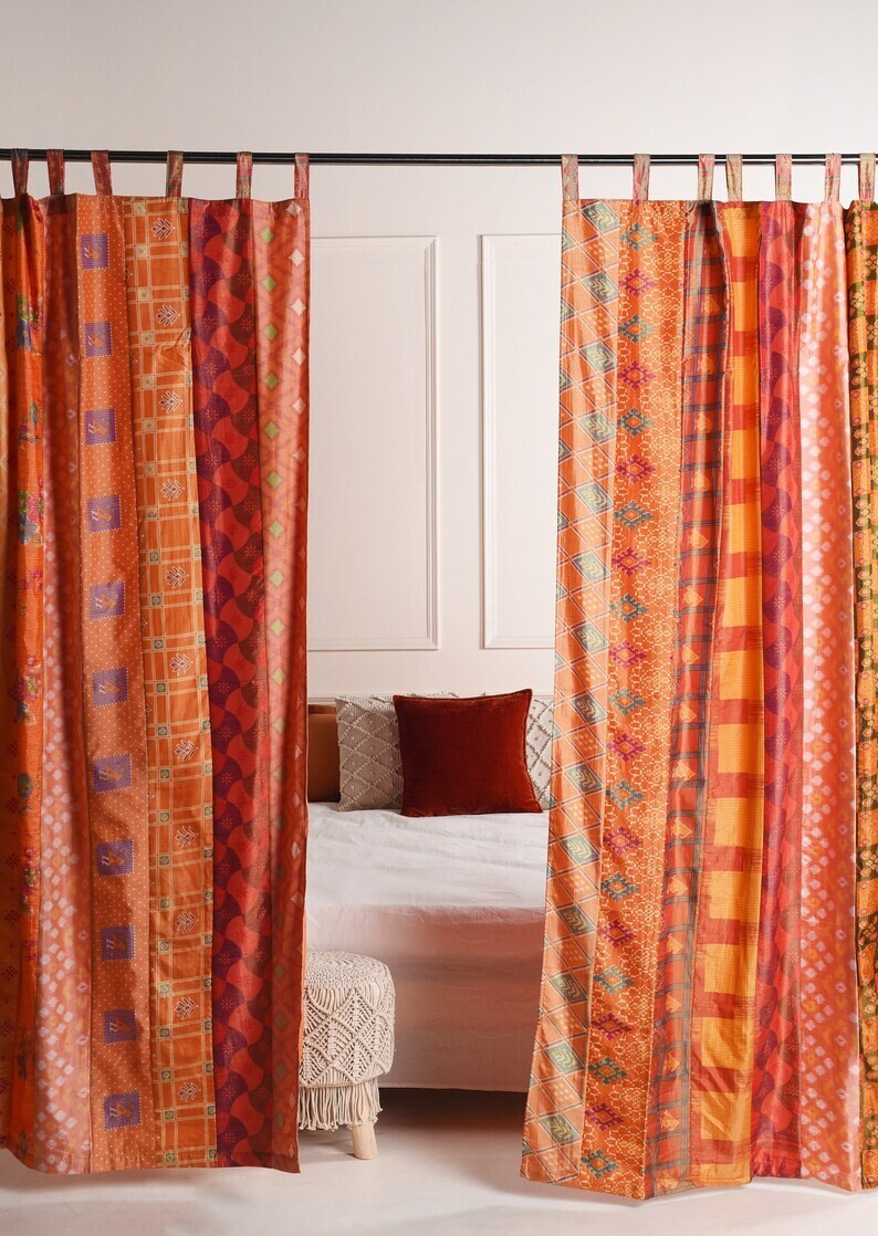 2 Pcs Indian Sari Patchwork Curtain Drape Window Decor Orange Silk Sari Curtain