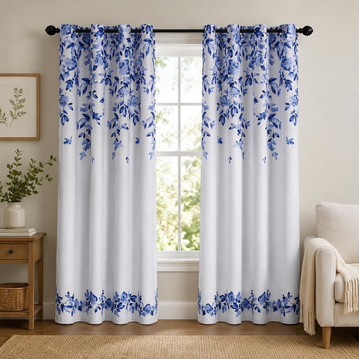Navy Blue Floral Blackout Curtains, Blue and White Chinoiserie Grommet Curtai…