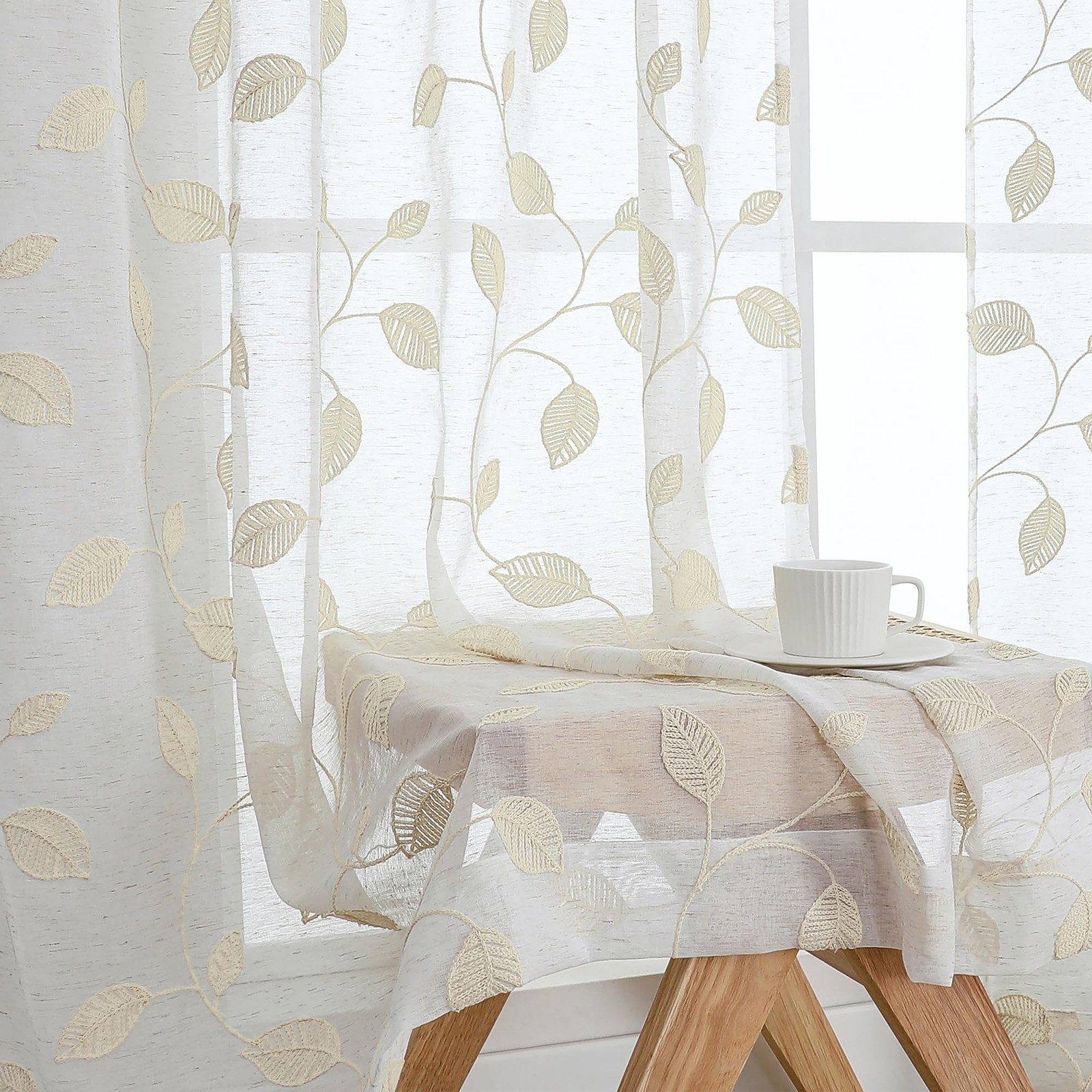 Natural Sheer Curtains 63 Inch Length 2 Panels Set, Leaf Embroidery Linen Tex…