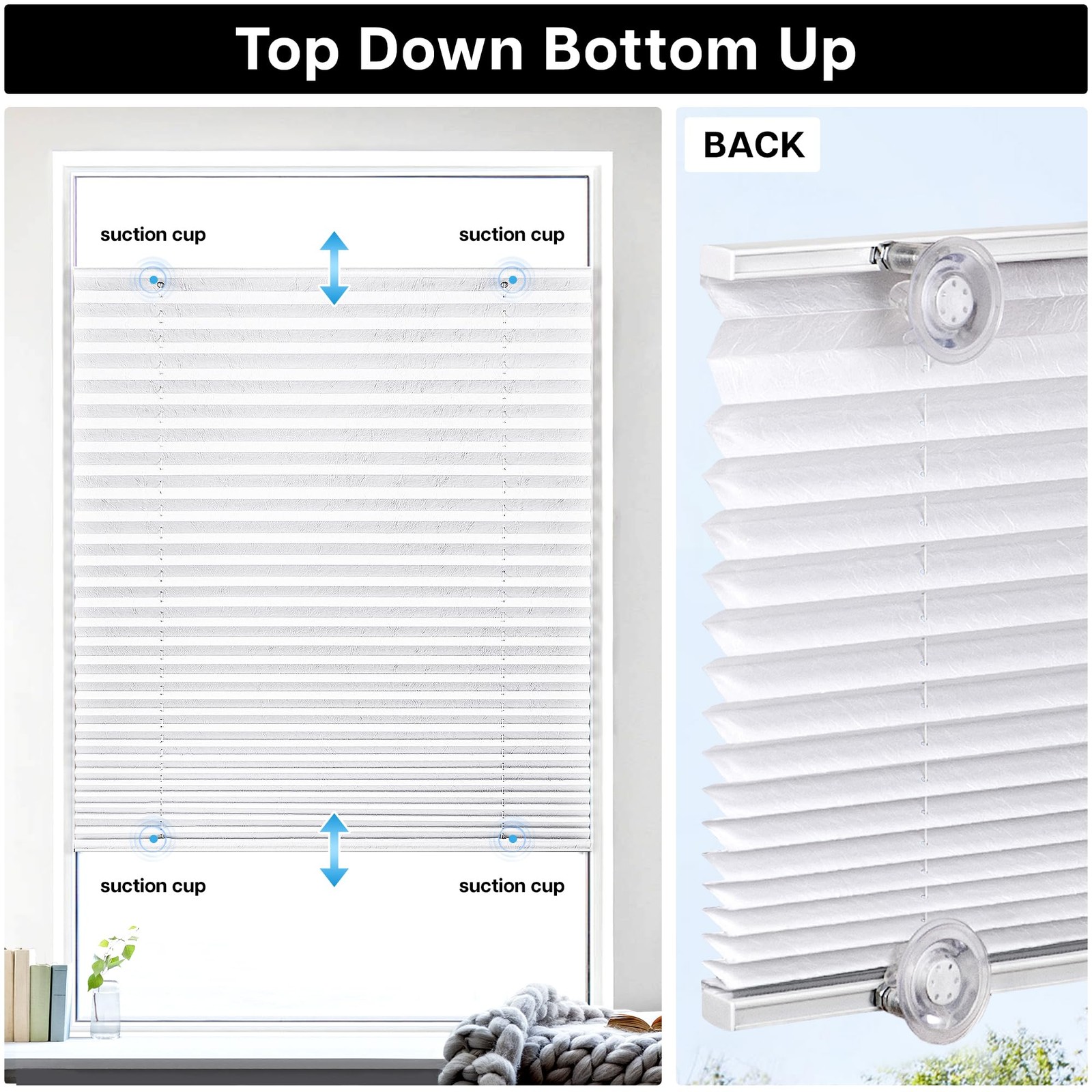 Lazblinds No Drill Cordless Pleated Shades Suction Cups Light Filtering Top