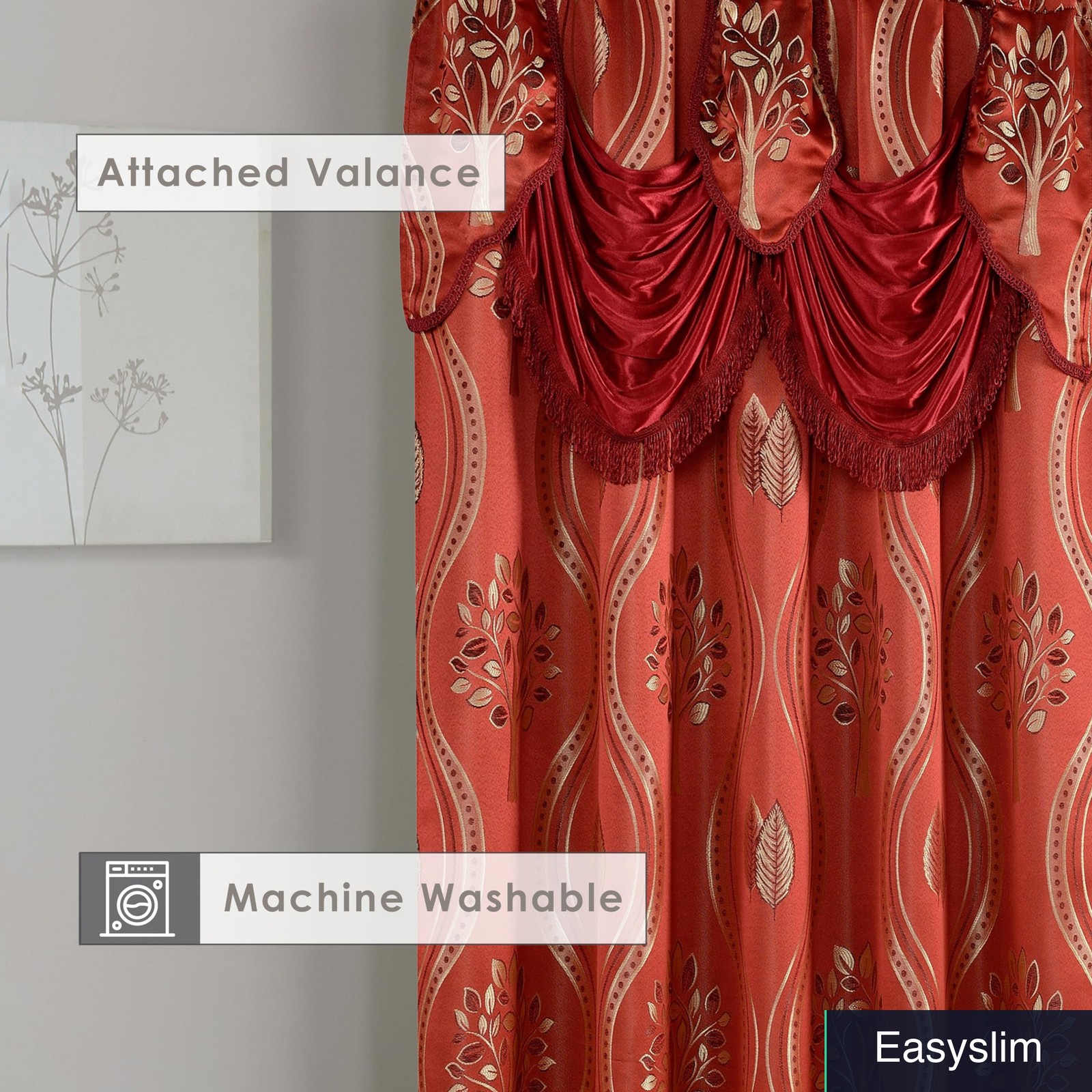 Curtain Panels Set of 2 with Valance, 54 inch Width x 84 inch Length Burgundy