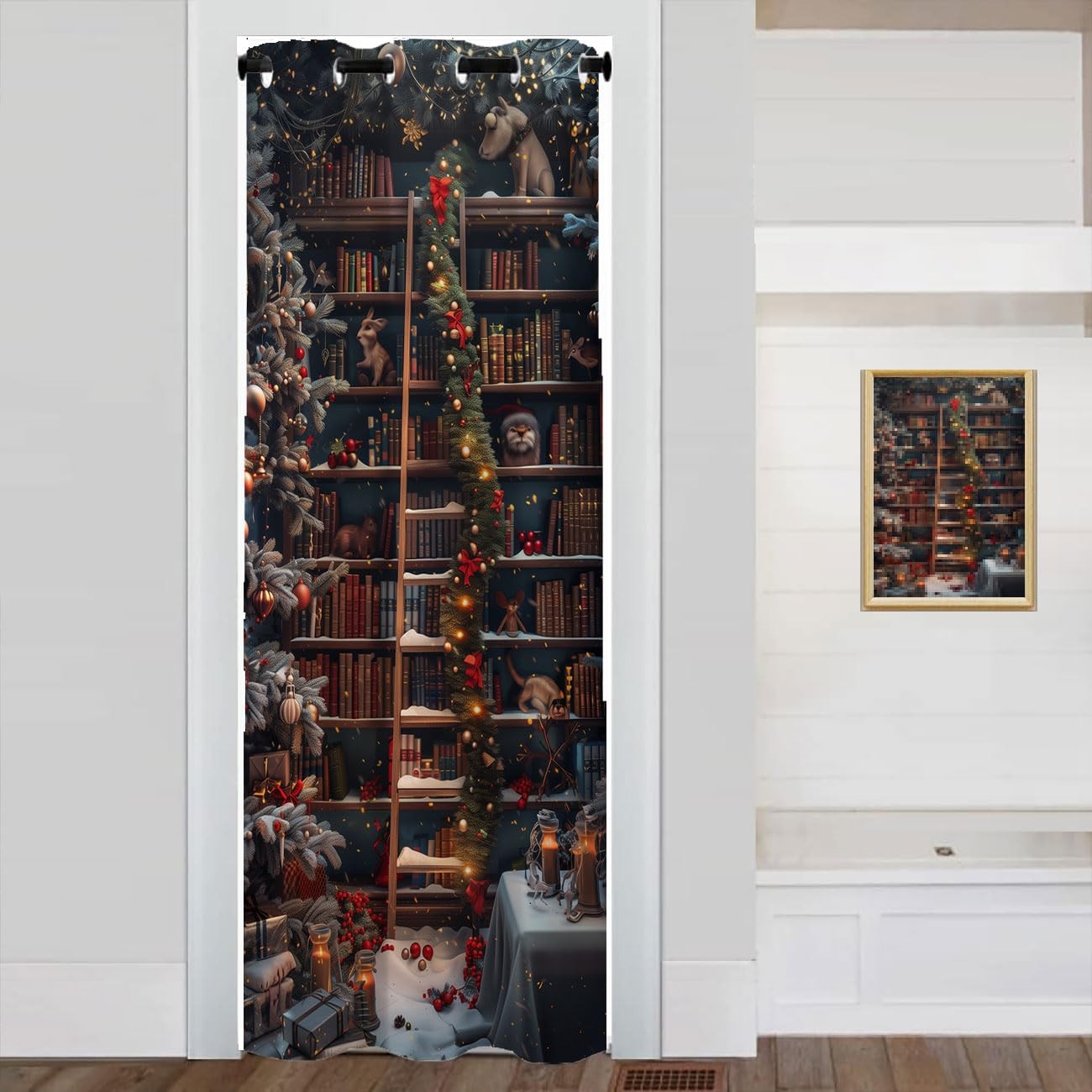 Christmas Bookshelf Door Curtain for Doorway, Fantasy Library Books Room Dark…