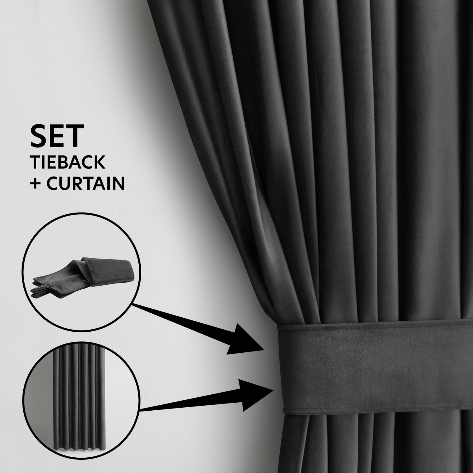 Restilo Set Curtain H 270 x W 140 cm with Tie Backs 54 x 10 cm Velvet Effect A…