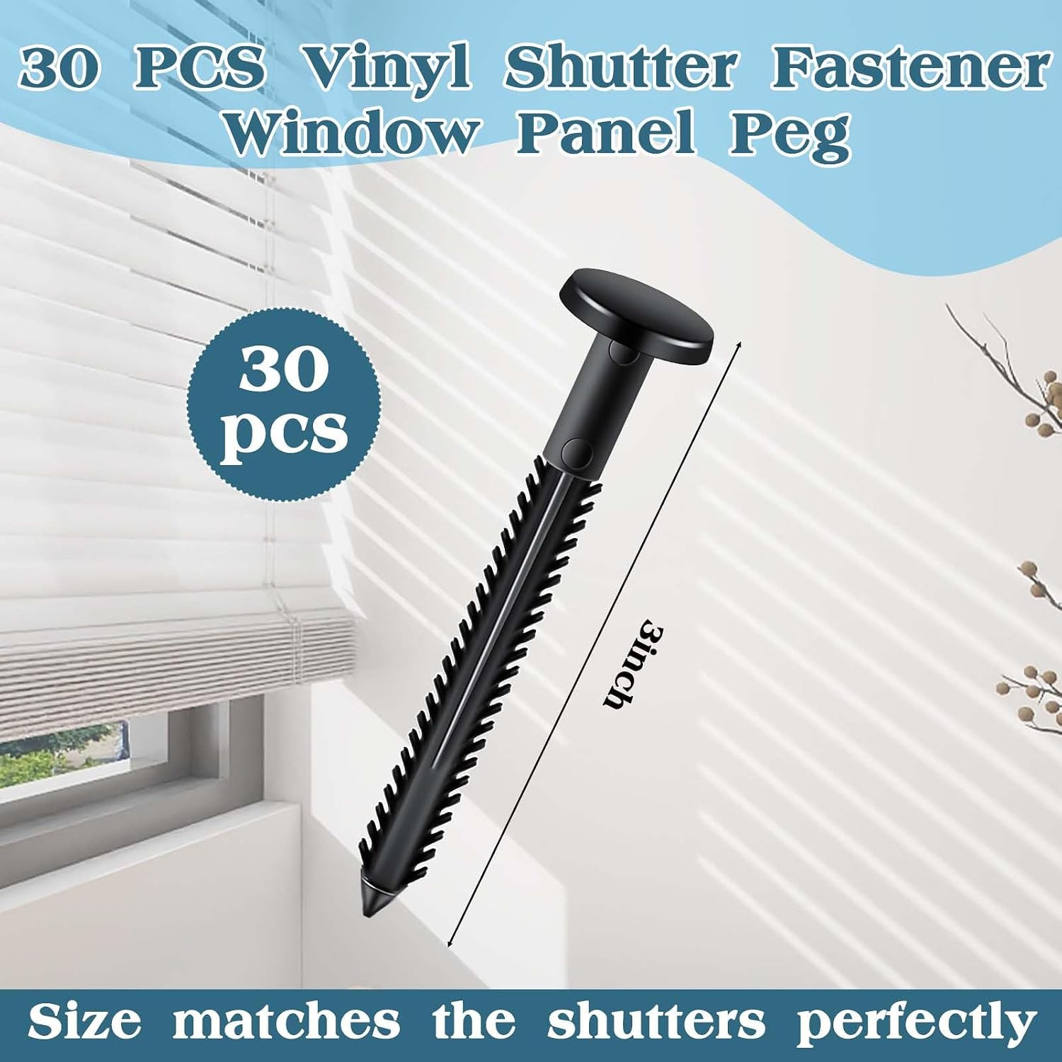 30Pcs 3 Inch Vinyl Shutter Fasteners, Black Window Shutter Panel Pegs Shutter Sc