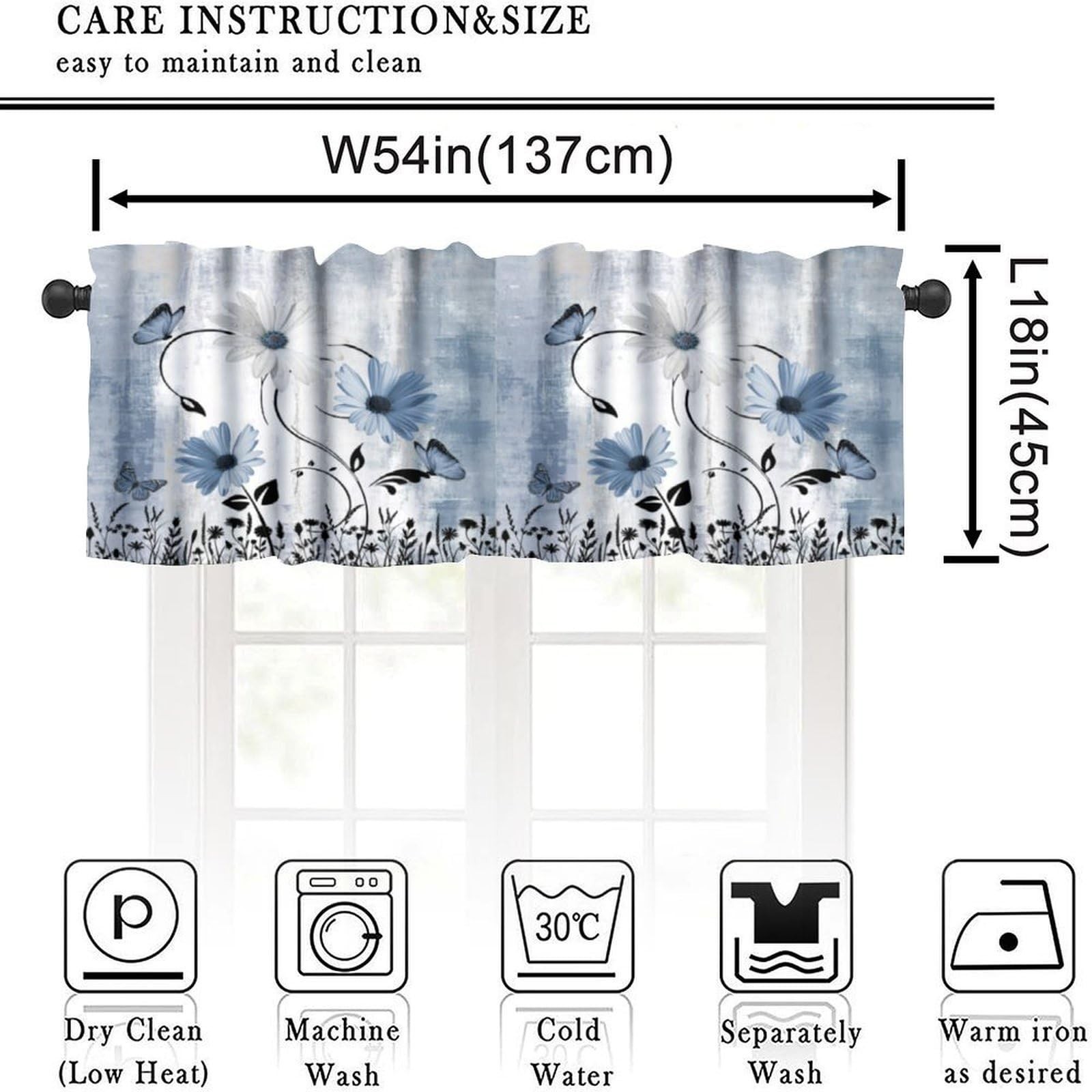 Blue White Daisy Kitchen Valance Curtains Farmhouse Modern Flower Retro Flora…