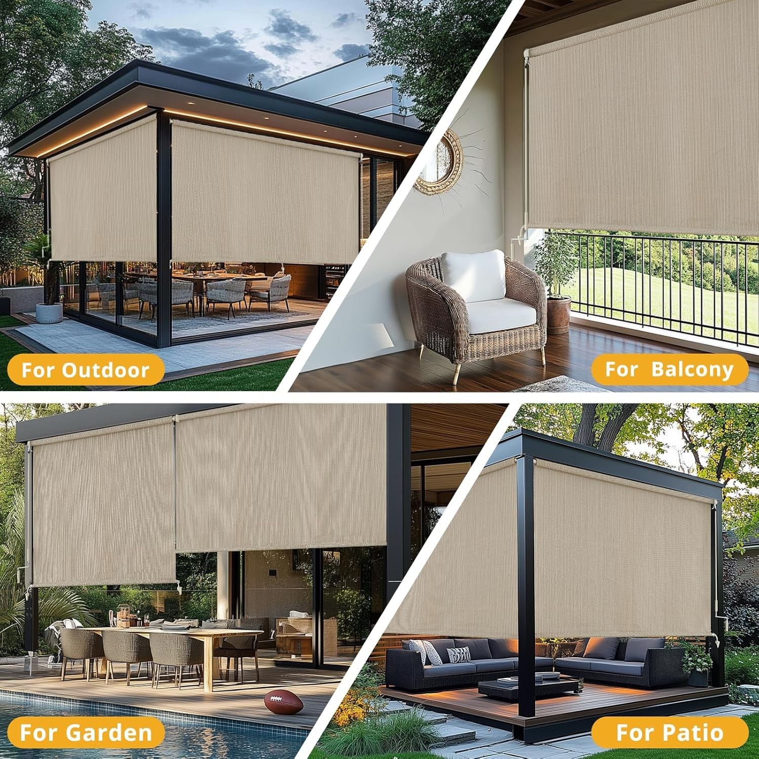 Weather-Resistant Cordless Roller Shades – 72″ x 72″ Outdoor Blinds in Sesame