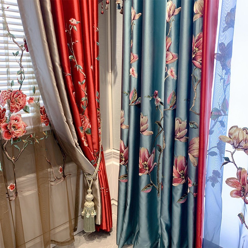 classical custom embroidery European valance blue window curtain tulle M1874