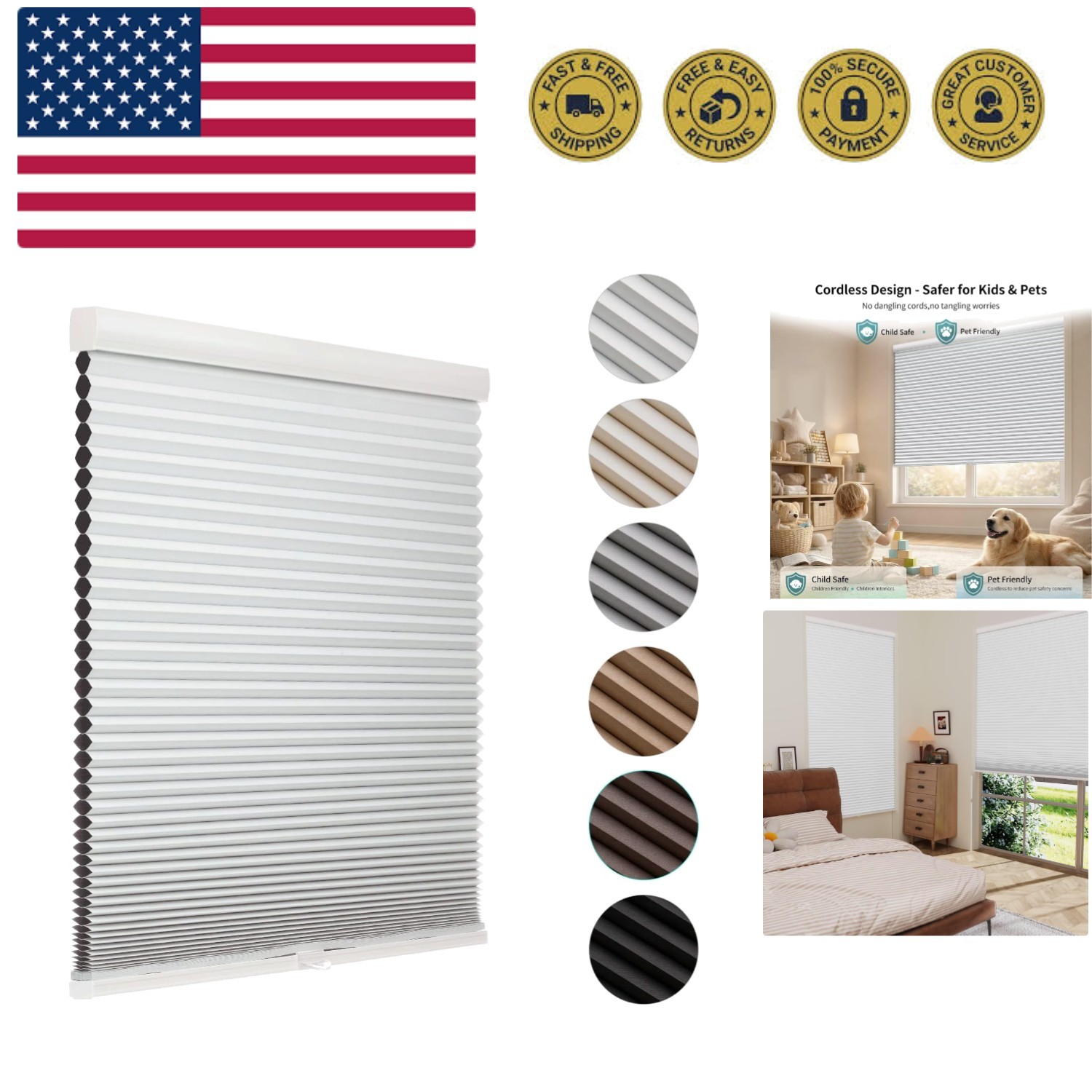 Cordless Blackout Cellular Shades for Windows, Honeycomb Window Shades with T…