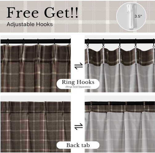 Pinch Pleated Plaid Curtains 2 Panels, W40 x L96 in, Linen Blend Light Filtering