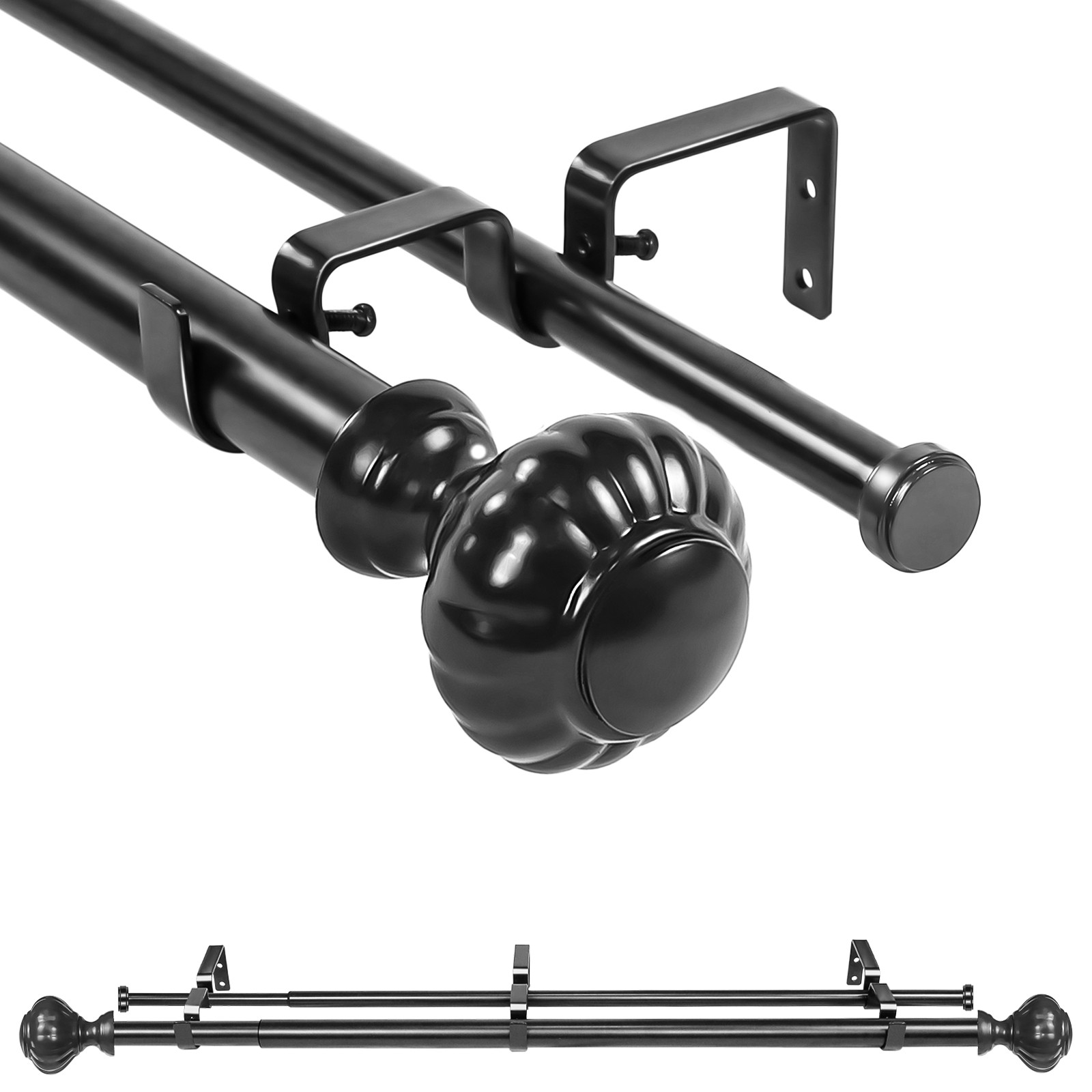 1″ Door Knob Flat Button Double Drapery Curtain Window Rod Set, 28″-120″